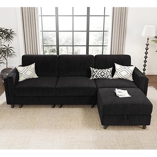 KKL Modular Sectional Sofa Bed with Storage Ottoman, Convertible L/U-Shaped Sleeper Couch for Living Room, Modern Reversible Design, Black