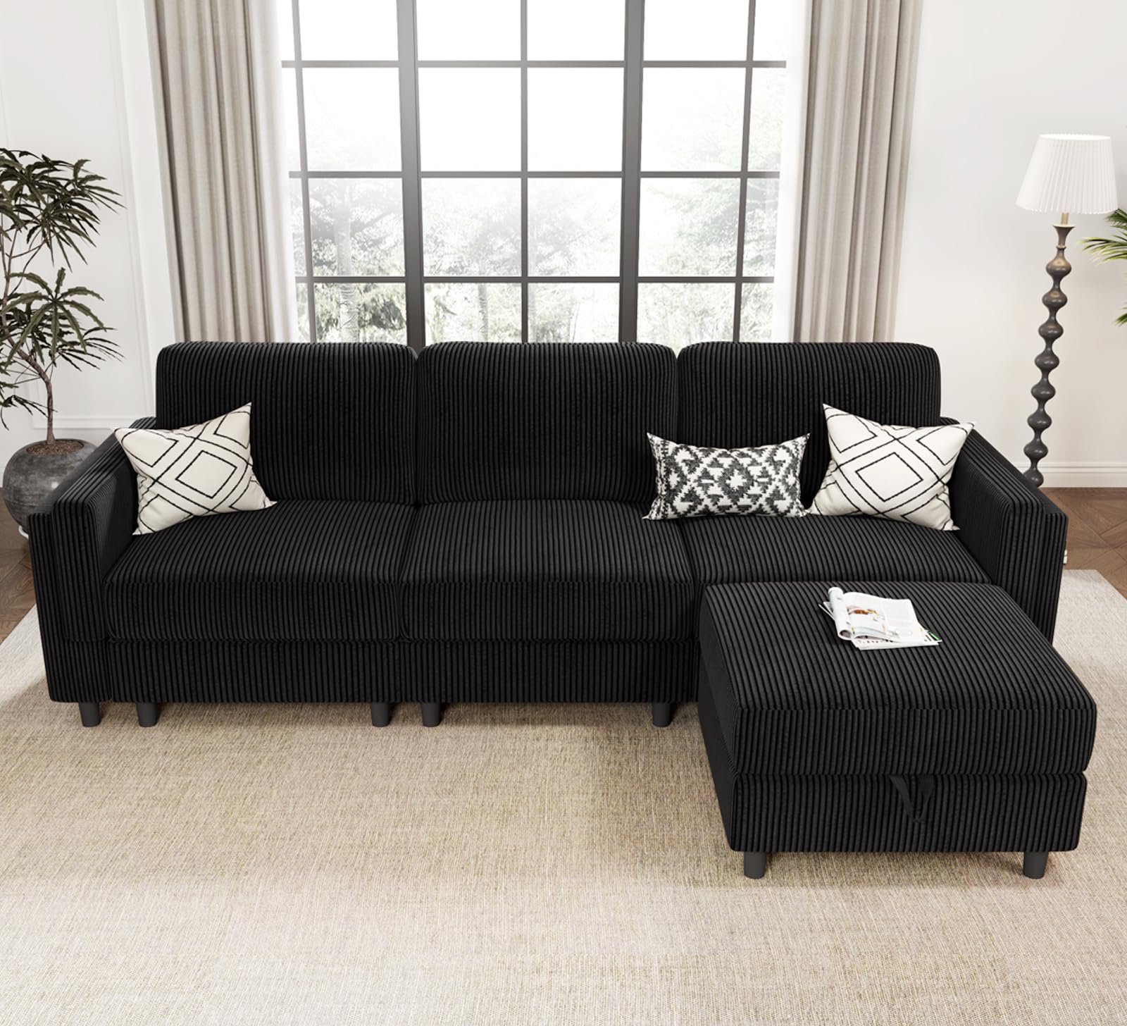 KKL Modular Sectional Sofa Bed with Storage Ottoman, Convertible L/U-Shaped Sleeper Couch for Living Room, Modern Reversible Design, Black