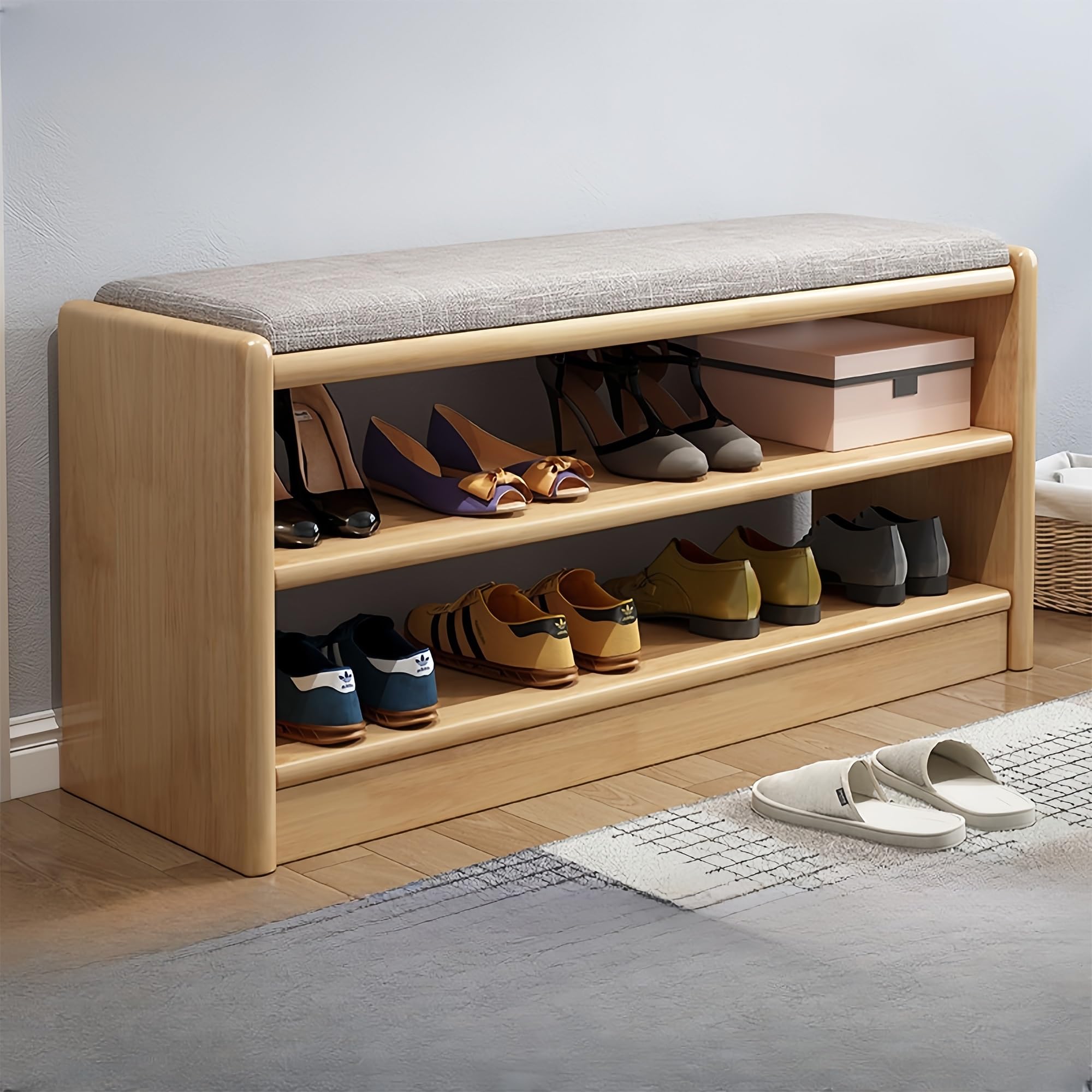 Zapatero otomano con Almacenamiento, Banco de Entrada, Estructura de Madera Maciza, cojín de Alta Resistencia, Estante para Exterior, 2 Opciones de Color (Madera, cojín, 103 cm)