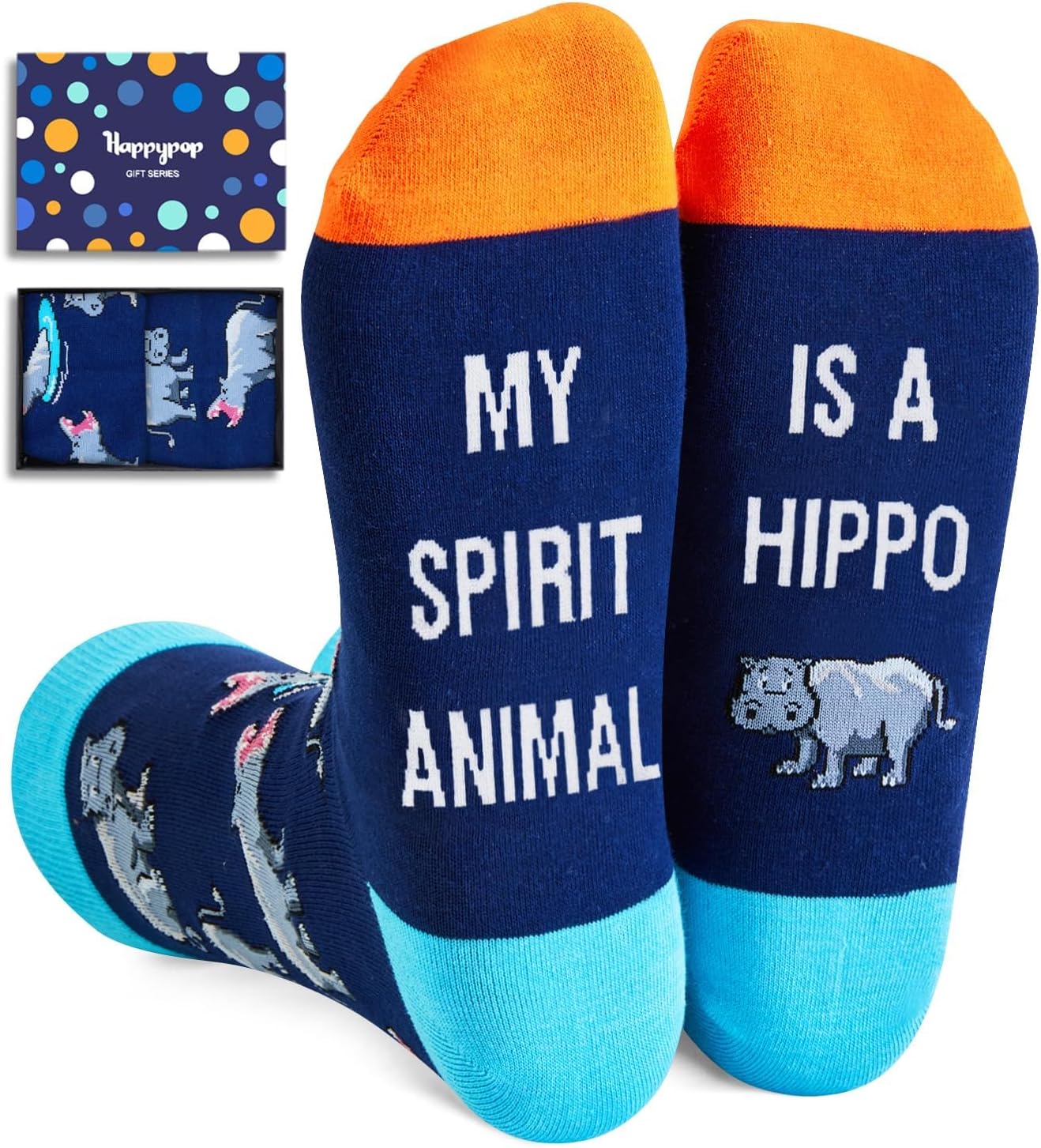 HAPPYPOP Funny Socks for Men Women Crazy Socks, Hippo Gifts Ocean Gifts, Hippo Socks Hippopotamus Socks Unisex Animal Socks, Hippo Darkblue, Medium