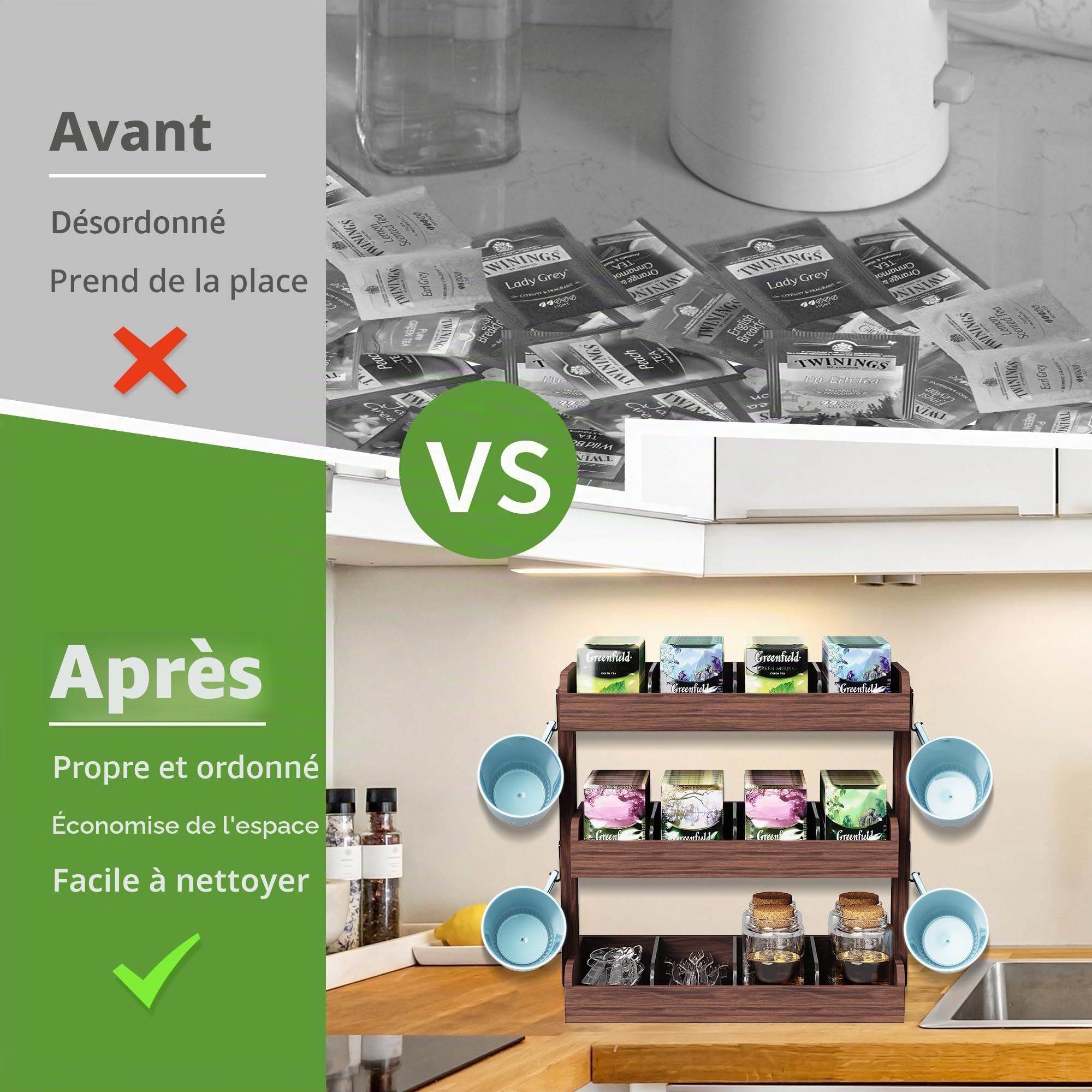 Organisateur de sachets de thé à 3 étages, porte-sachets mural avec séparateurs, rangement de thé avec 4 crochets, boîte en bois pour bureau et cuisine