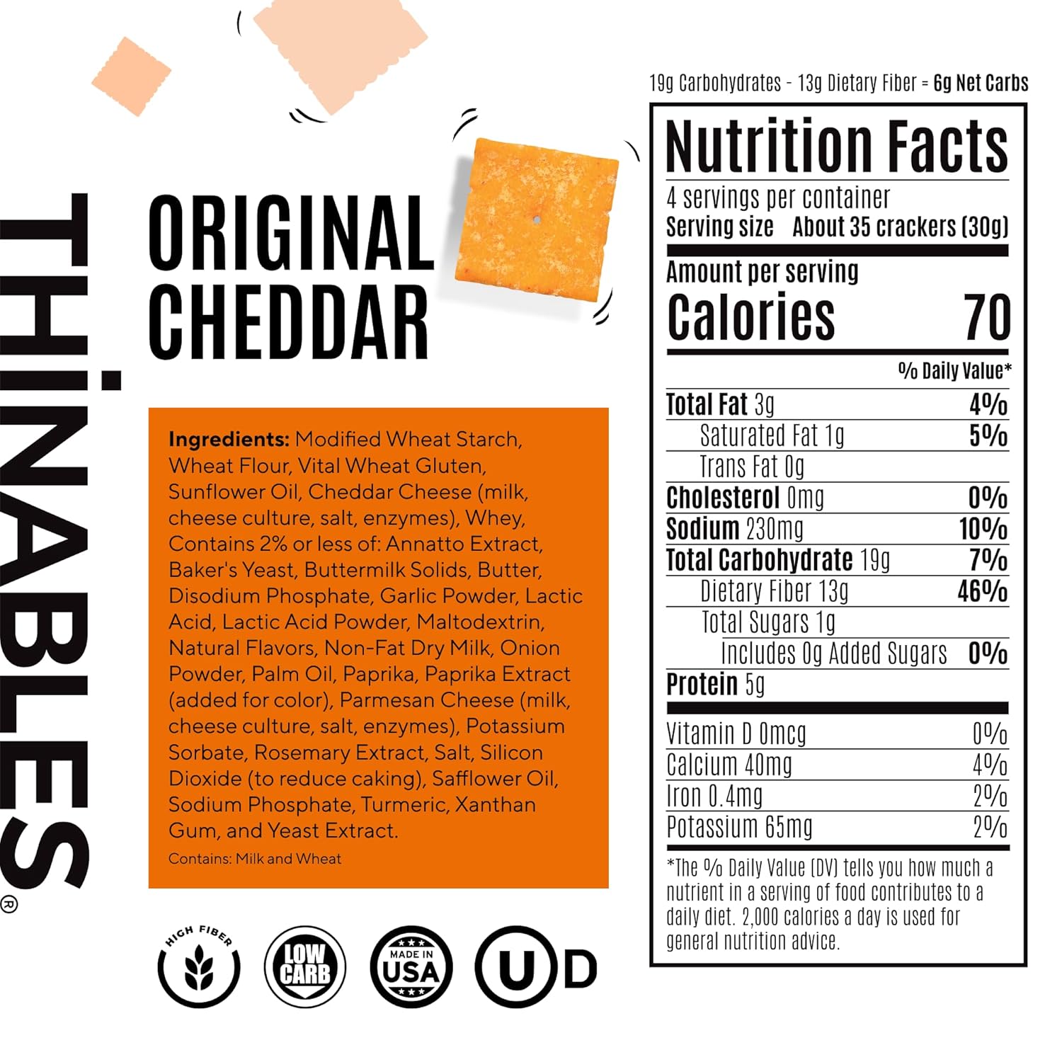Fiber Gourmet Thinables Baked Cheese Crackers Healthy Low Net Carb Keto - Real Cheddar, High Fiber, 70 Calories, 6g Net Carbs, 13g Fiber, 5g Protein, Kosher - 4.25 Ounce (Pack of 6)