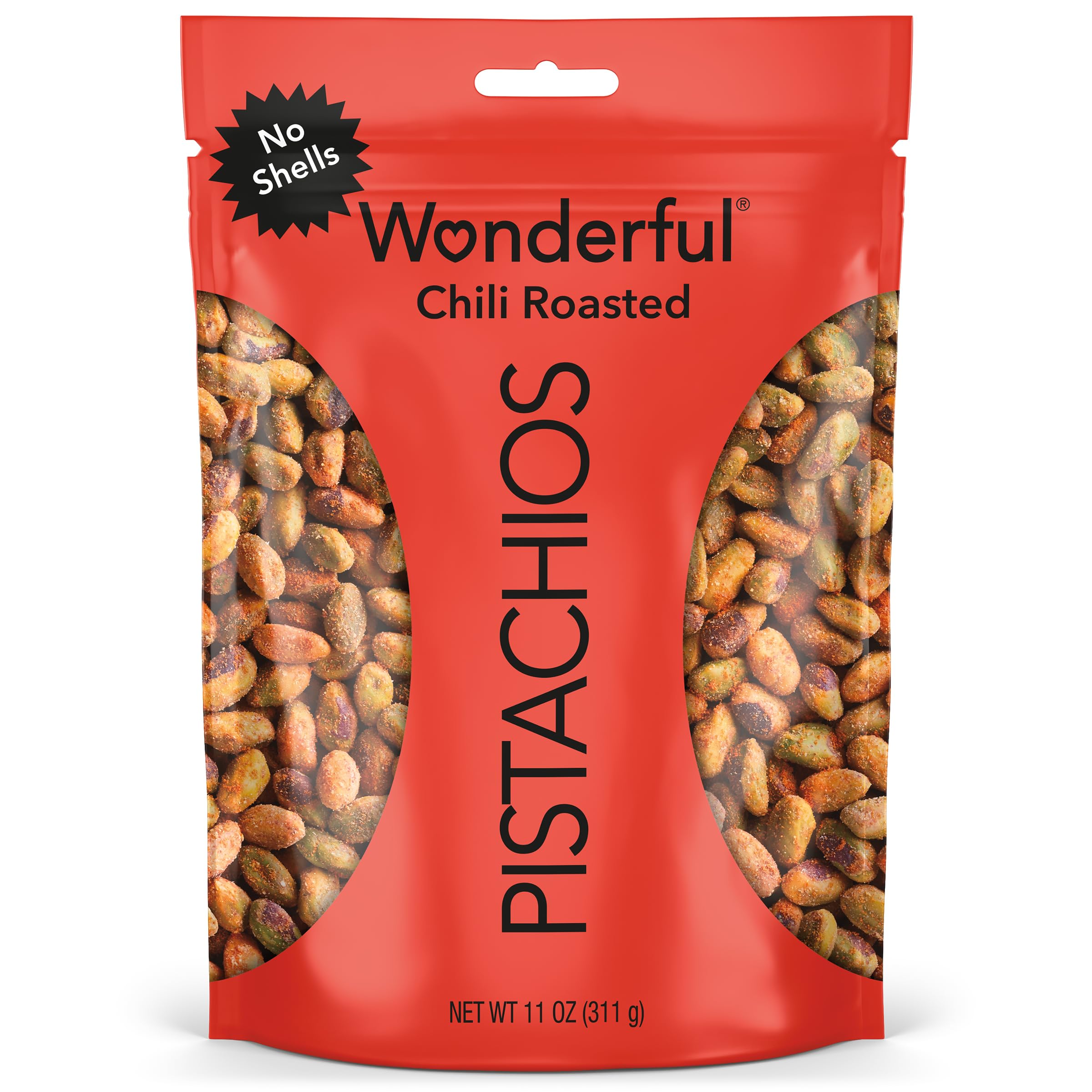 Wonderful Pistachios, No Shells, Chili Roasted Nuts, 11oz Resealable Bag