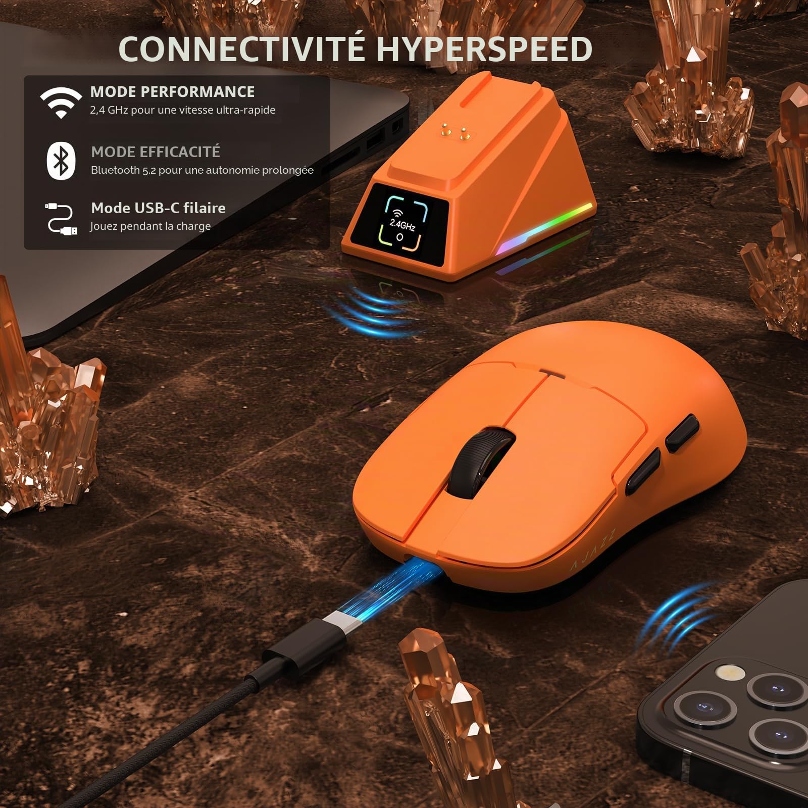 ATTACK SHARK Ajazz AJ159APEX PAW3950 Souris de Jeu sans Fil, 42K DPI, 8K Hz Wireless Polling Rate, Station de Charge Magnétique RVB avec écran Couleur, 56g Superlight, 2,4G/BT/Filaire, PC/Mac, Orange
