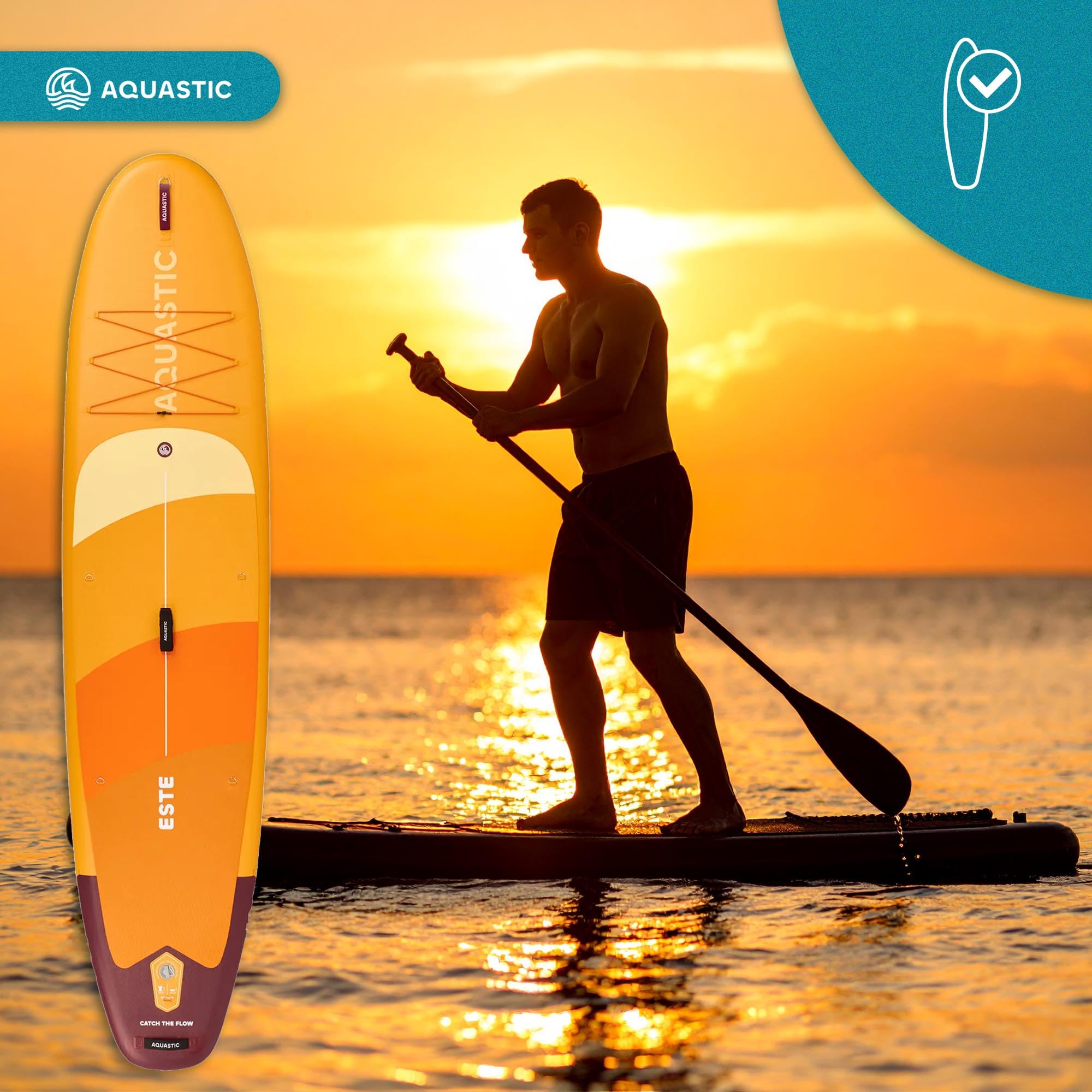 AQUASTIC Este zestaw SUP Board 12'0" – Drop Stitch Lite, 390 l, 170 kg, montaż na siedzeniu, lekka i stabilna, funkcja kajaka, EVA, 3 uchwyty, kompletny zestaw z wiosłem, pompą i plecakiem