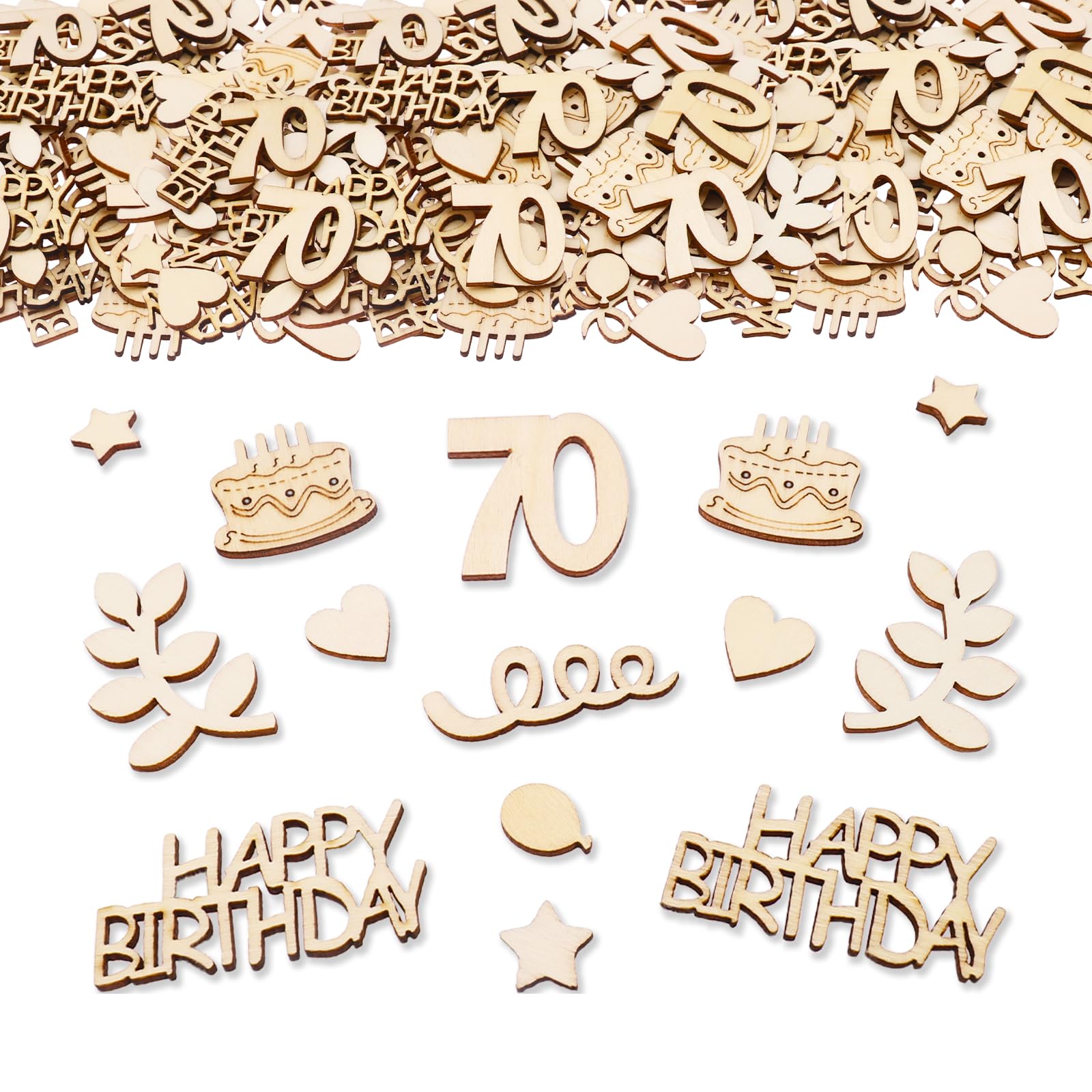 Bolosa 70th Birthday Decorations Wooden Confetti, 100pcs 70th Birthday Confetti & Wooden Table Scatter with Happy Birthday, Number 70, Cake and Stars, Milestone Birthday Table Decor for Mum and Dad