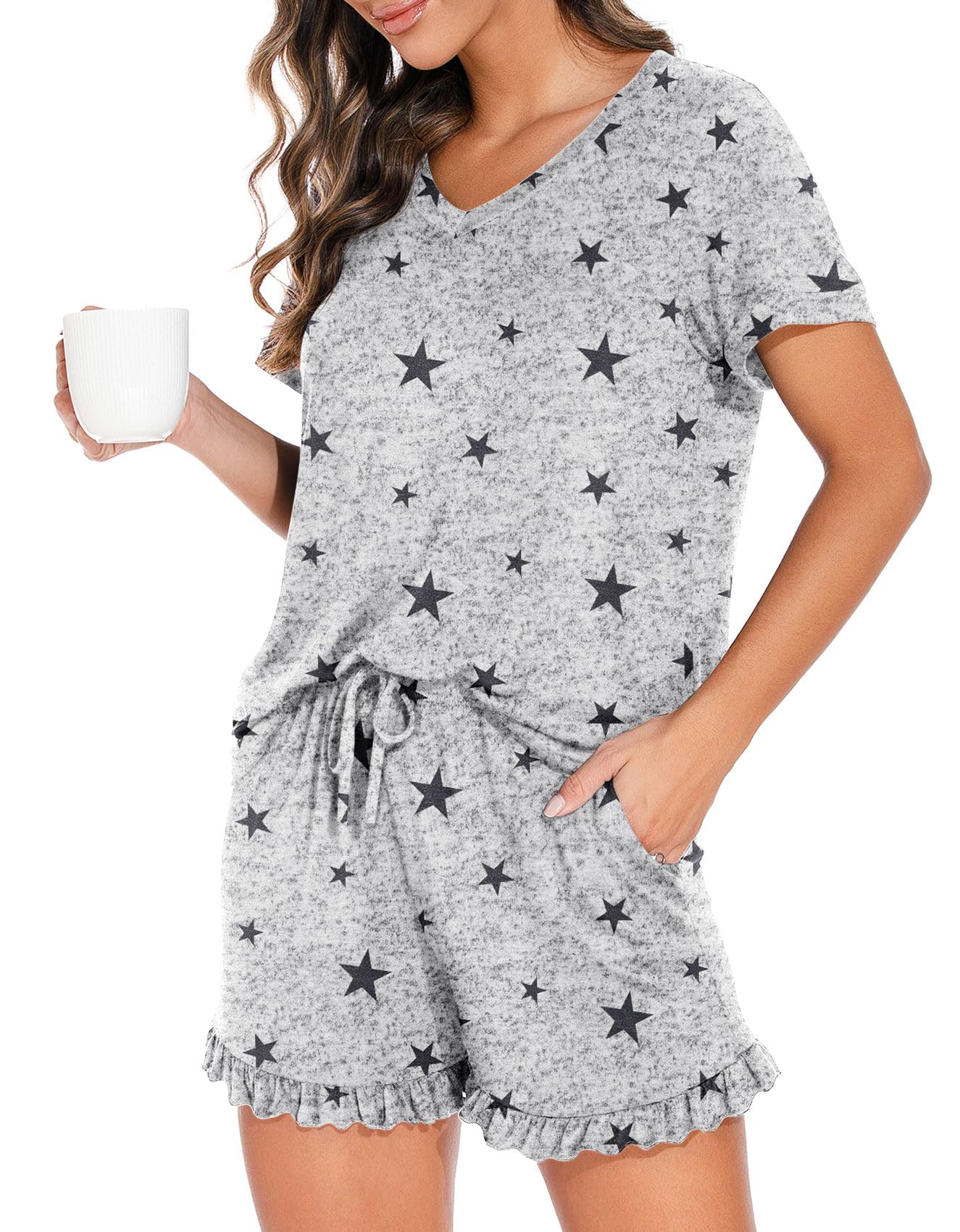 PrinStory Womens Pajamas Set Lounge Sets Short Sleeve Sleepwear Soft Pjs Shorts Set with Pockets