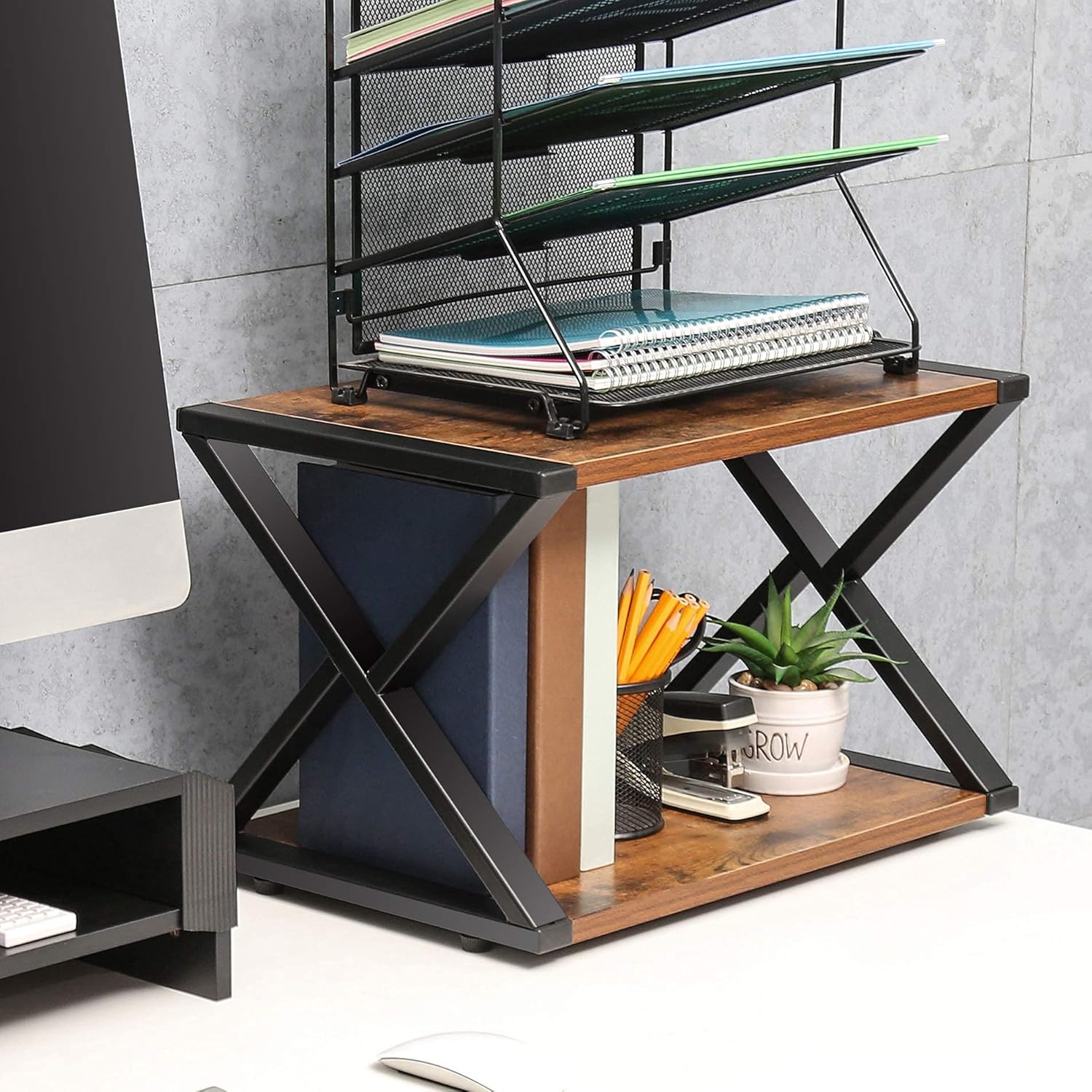 FITUEYES Desktop Printer Stand, 2 Tiers Wood Desk Organizer, Storage Book Shelf with Anti-Skid Pads Adjustable Feet for Home and Office, DO204501WG : Office Products