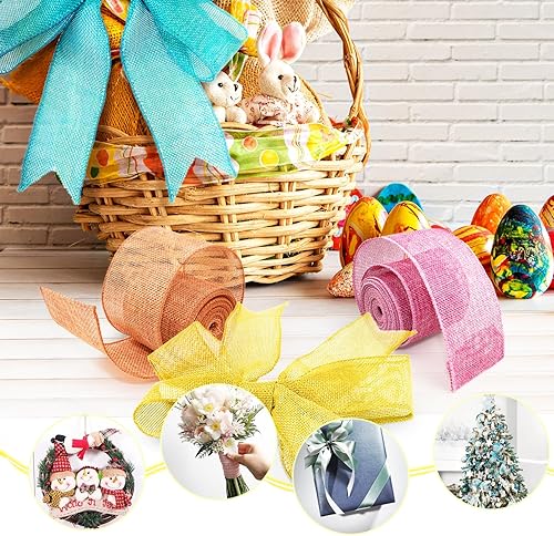 Miniatura 3 de Cinta de arpillera con alambre de 2-12 pulgadas de ancho, 8 rollos de 40 yardas de tela sólida natural con borde de alambre de metal para