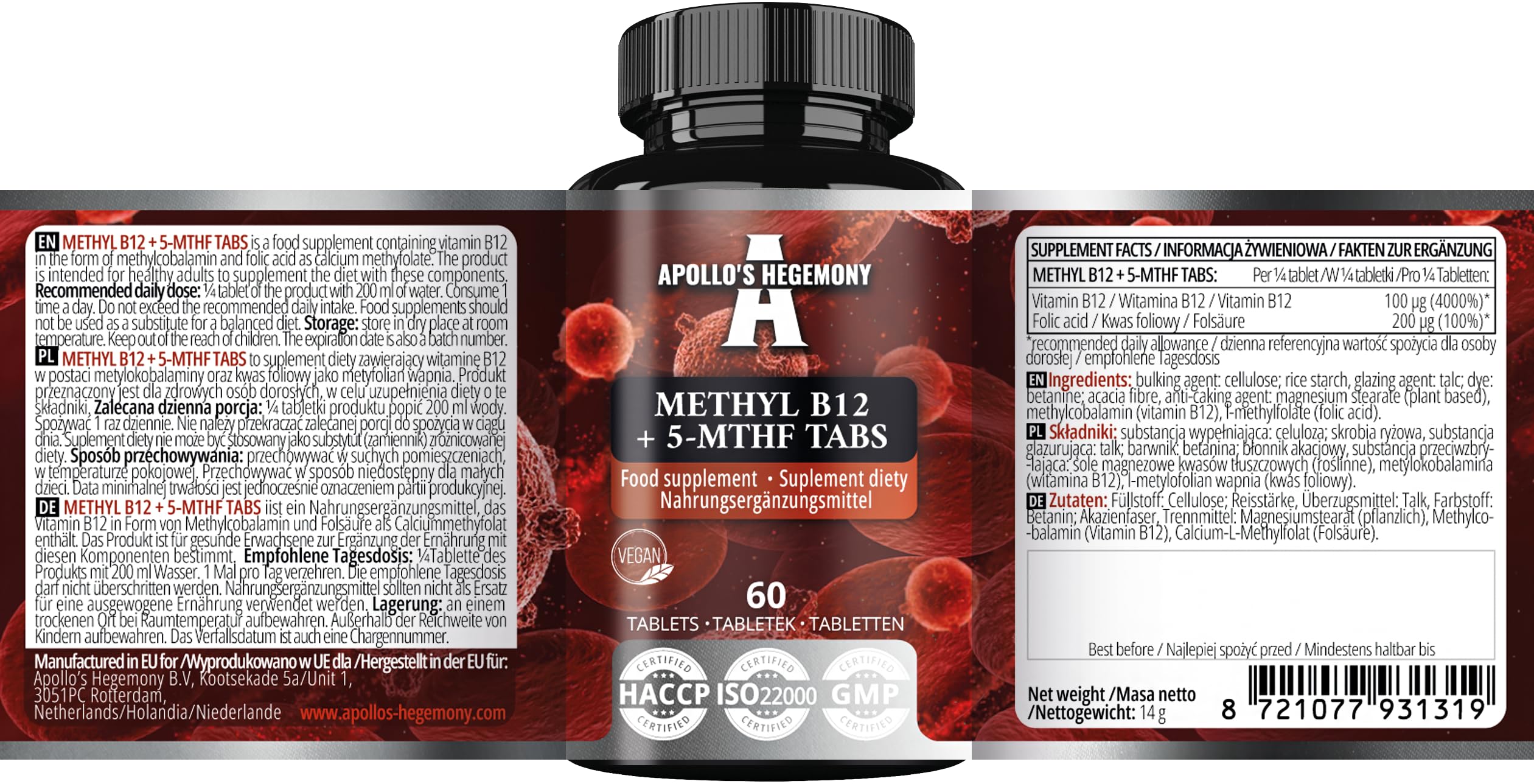 Metil B12 + 5-MTHF 300 mcg - Vitamina B12 e acido folico - 60 compresse vegane - 8 mesi di fornitura - Supporto per l'energia e il benessere - Integratore alimentare - da Apollo's Hegemony