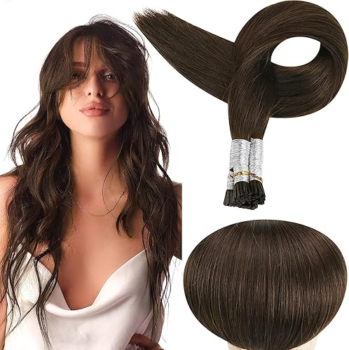 Full Shine - Extensiones de cabello humano real con punta en I, de 22 pulgadas, color marrón oscuro, preunidas, lisas y con fusión en frío, 50
