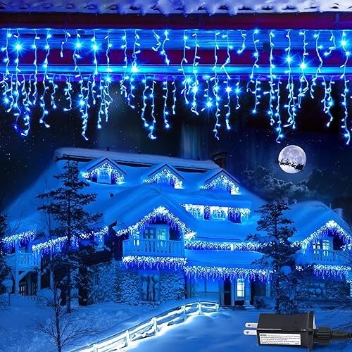 JMEXSUSS 77.6 pies, 800 luces LED azules de carámbano 8 modos, impermeables, luces de carámbano de Navidad al aire libre con 80 gotas, luces de