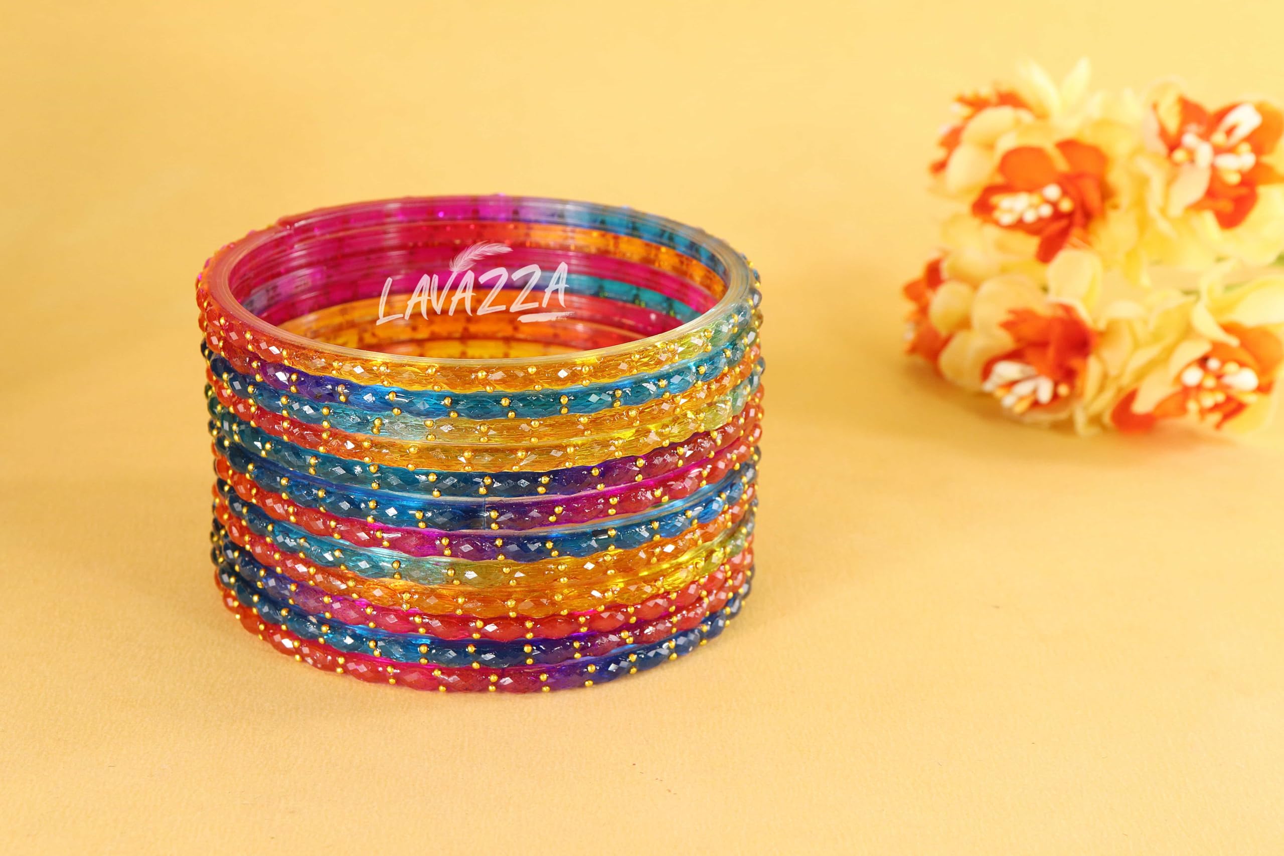 LAVAZZA Raindrop Glass Bangles Set For Women & Girls with Zircon Diamond Stone & Beads | churi set for women | Daily use Glass Bangles | Girl's Bangles Multi color-(KS7-Raindrop-Multi-2.8) 2
