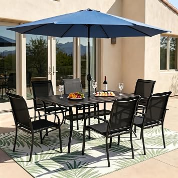Crownland 7 Piece Patio Dining Set, Textilene Dining Sets, 6 Textilene Metal Chairs and Rectangular Outdoor Dining Table with Dark Blue 9FT Round Outdoor Umbrella Black
