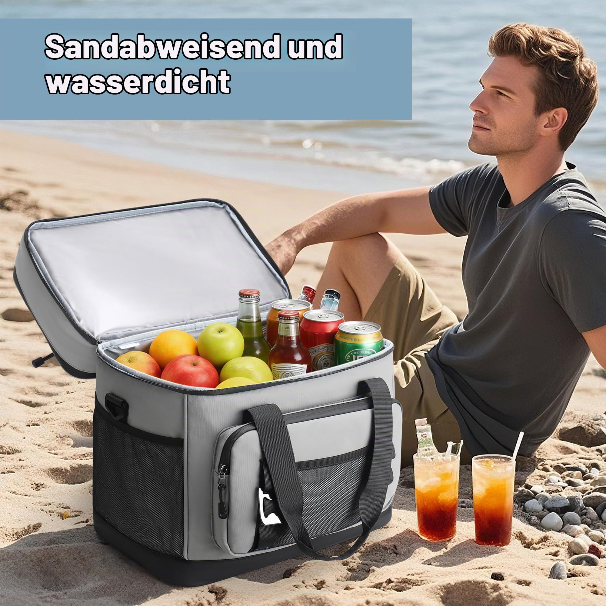 Kühltasche, 40L Große Kühlbox Faltbar, Wasserdichte Doppelwand Thermotasche Isolierte Picknicktasche