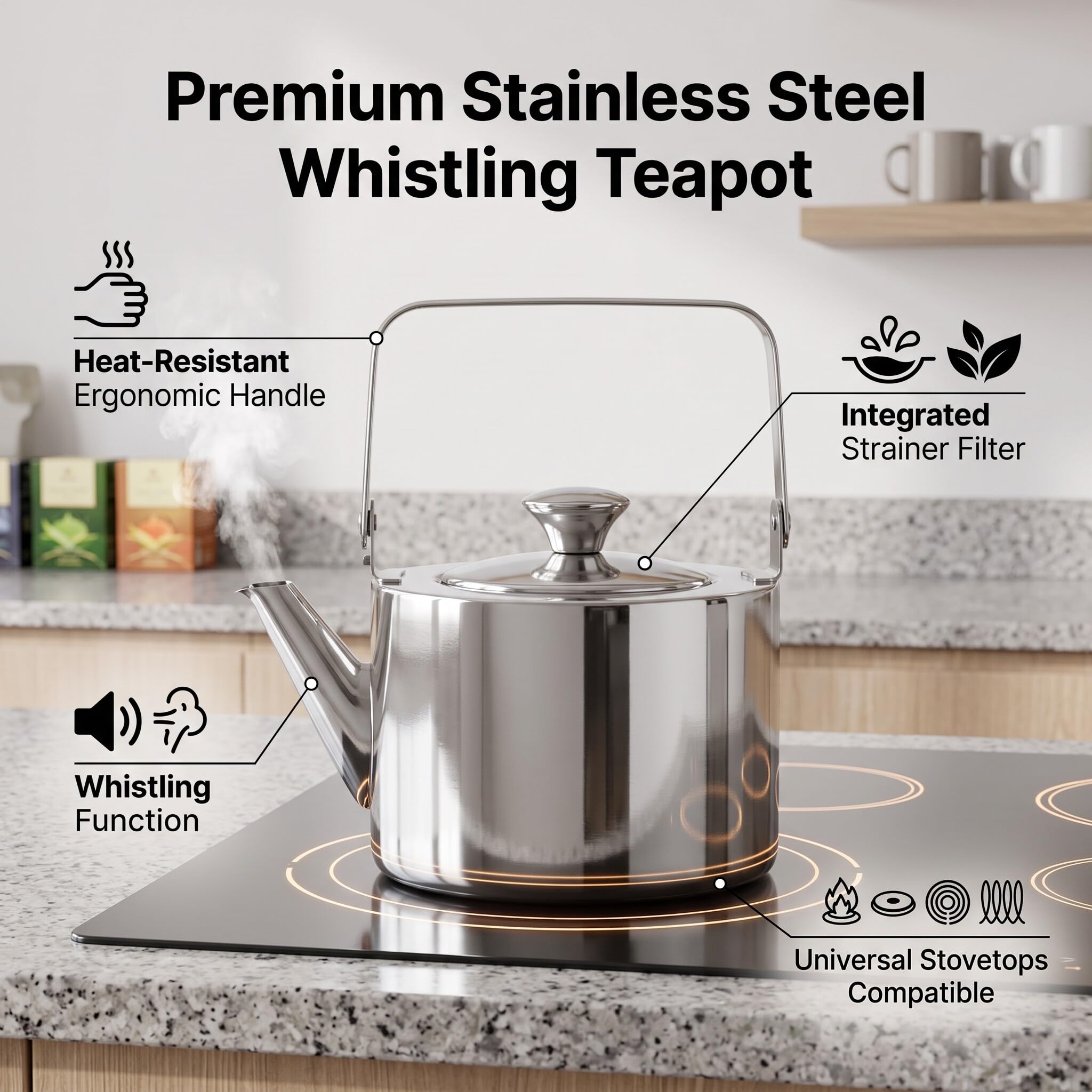 Jeffergarden Tetera de té de Acero Inoxidable, Olla de Metal Ergonómica con Filtro, Tetera de 1,5 Litros para Estufas de Gases Eléctricos de Inducción (Medio, 1.3L)