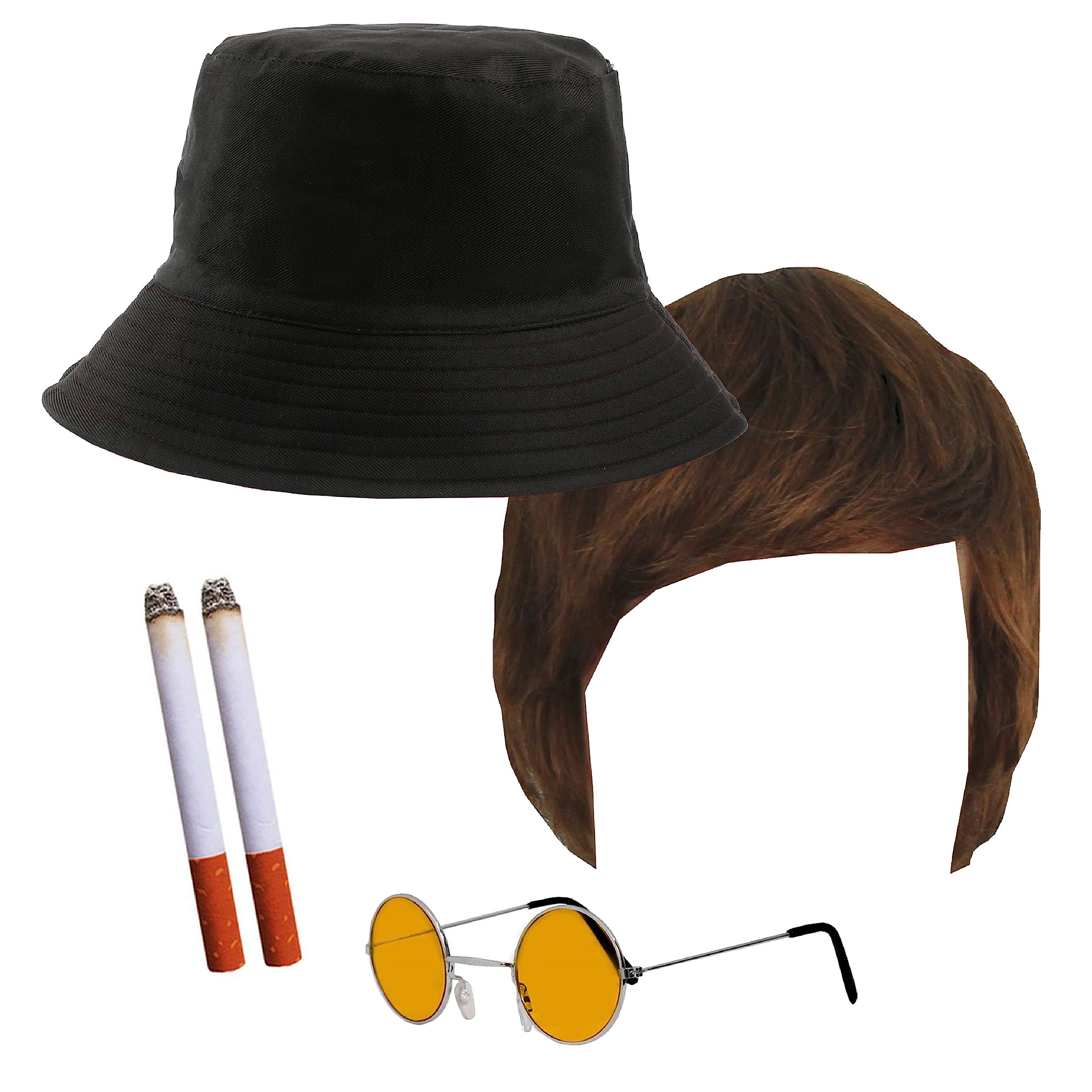 Adults Rock Band Accessory Set - Reversible England Bucket Hat, Brown Wig, Round Orange Glasses, 2 Fake Cigarettes - Adults 5-Piece Music Best of British Party Fancy Dress Costume Accessory Set