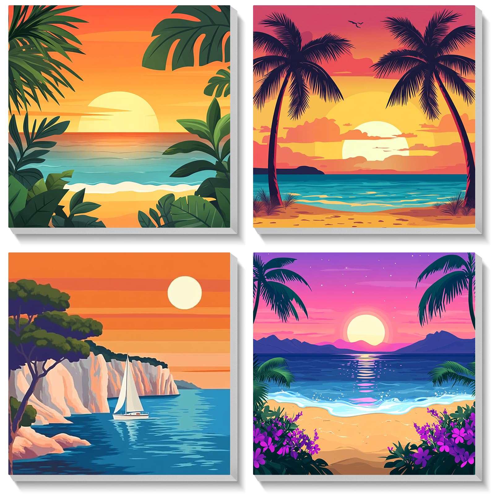 Bowetile 4 Pack Sunset Framed Paint by Numbers for Adults Children, Painting by Numbers Kit for Adults, Beginners Canvas Kits, DIY Acrylic Pigment Drawing Paintwork for Home Decor, 20x20 cm โ image 1