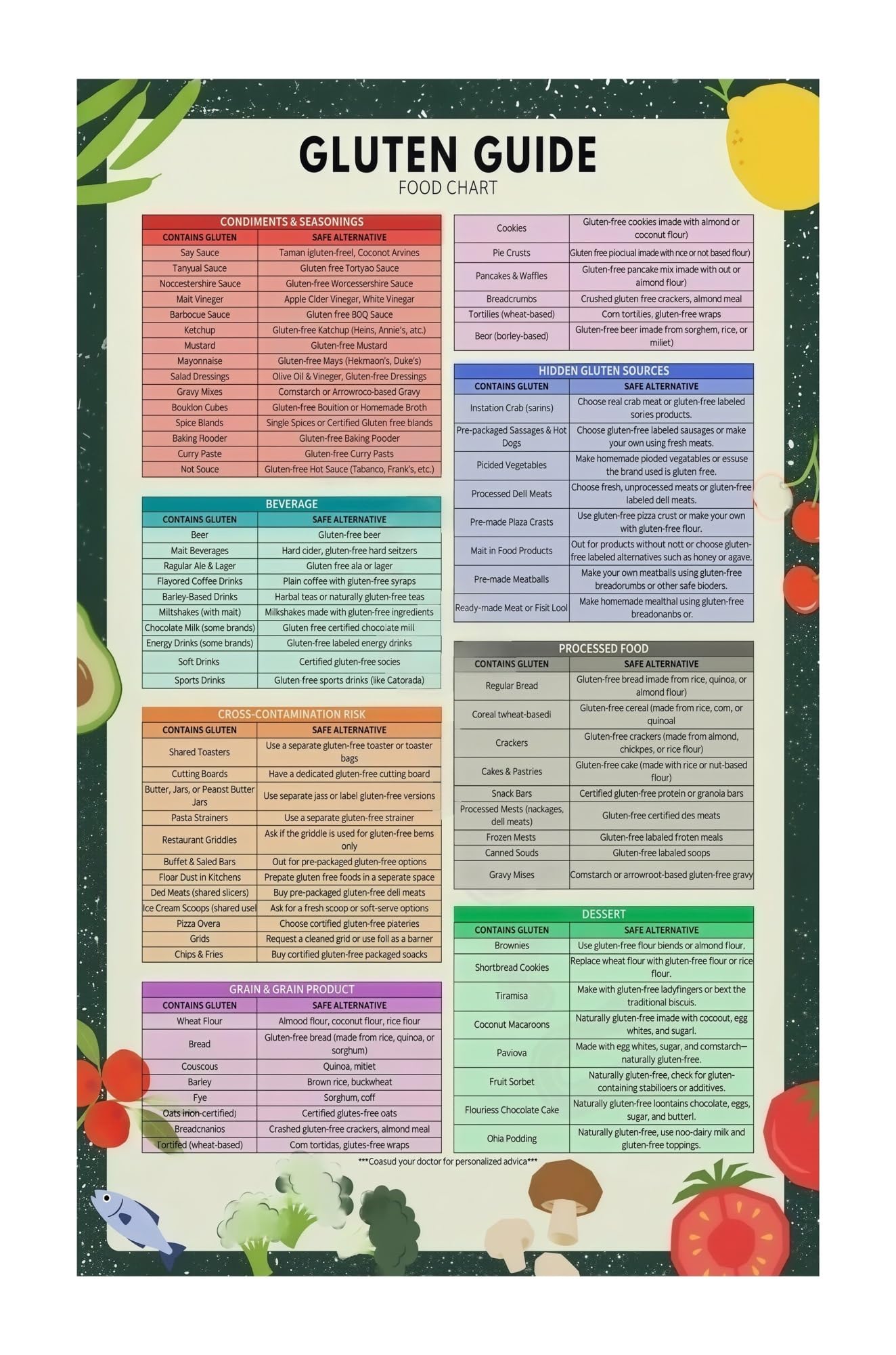 BIANMTSW Gluten Foods Chart and Weekly Meal Planner Poster for Celiac Disease Gluten Intolerance Essential Kitchen Reference Wall-Art Unframed,12x18inch(30x45cm)