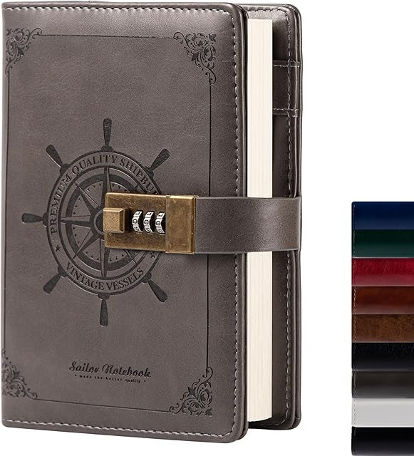 B6 Leather Journal with Lock, Three-Digit Password Diary with Combination Lock for Girls, Boys, Adult, 7.87 X 5.51 in