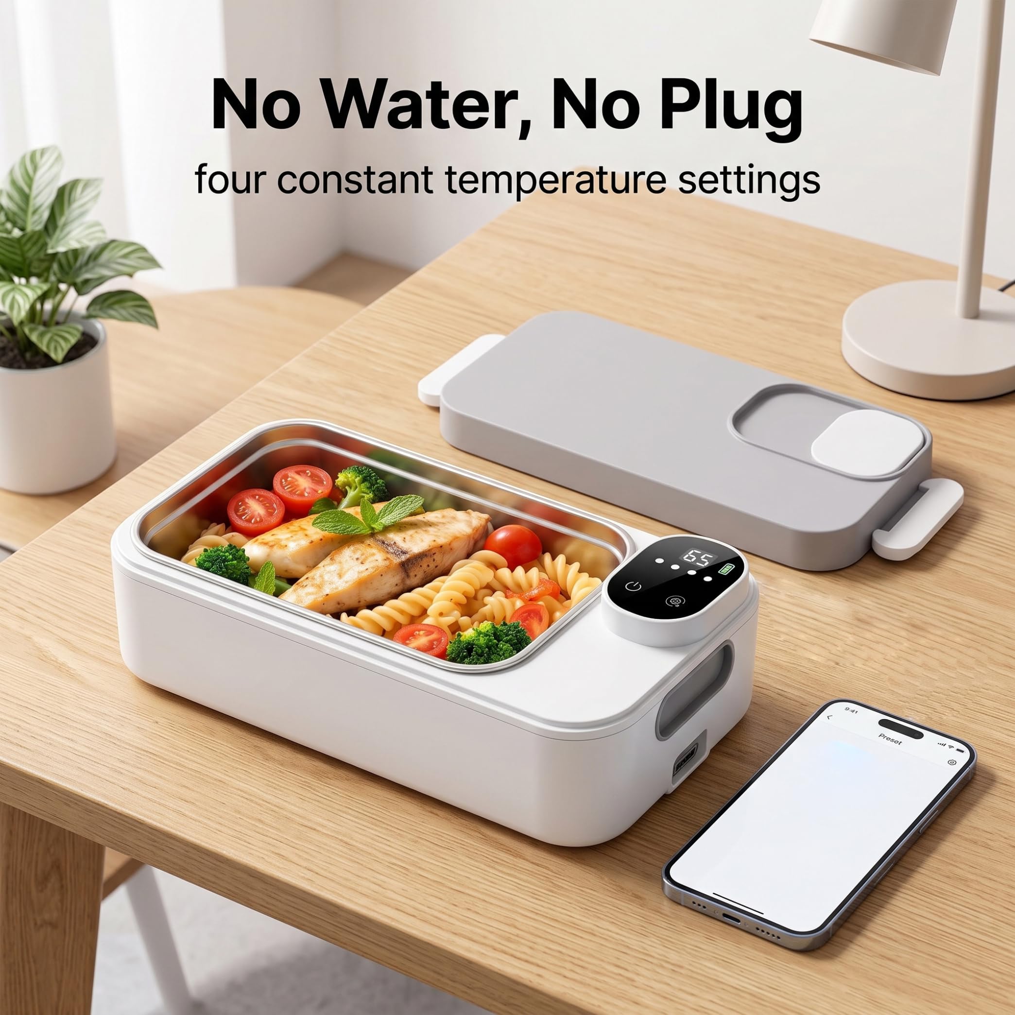 Fiambrera eléctrica portátil, 4 configuraciones de temperatura Calentador de almuerzo eléctrico Recargable Sin agua Sin enchufe Calentador de alimentos portátil a prueba de fugas Gris