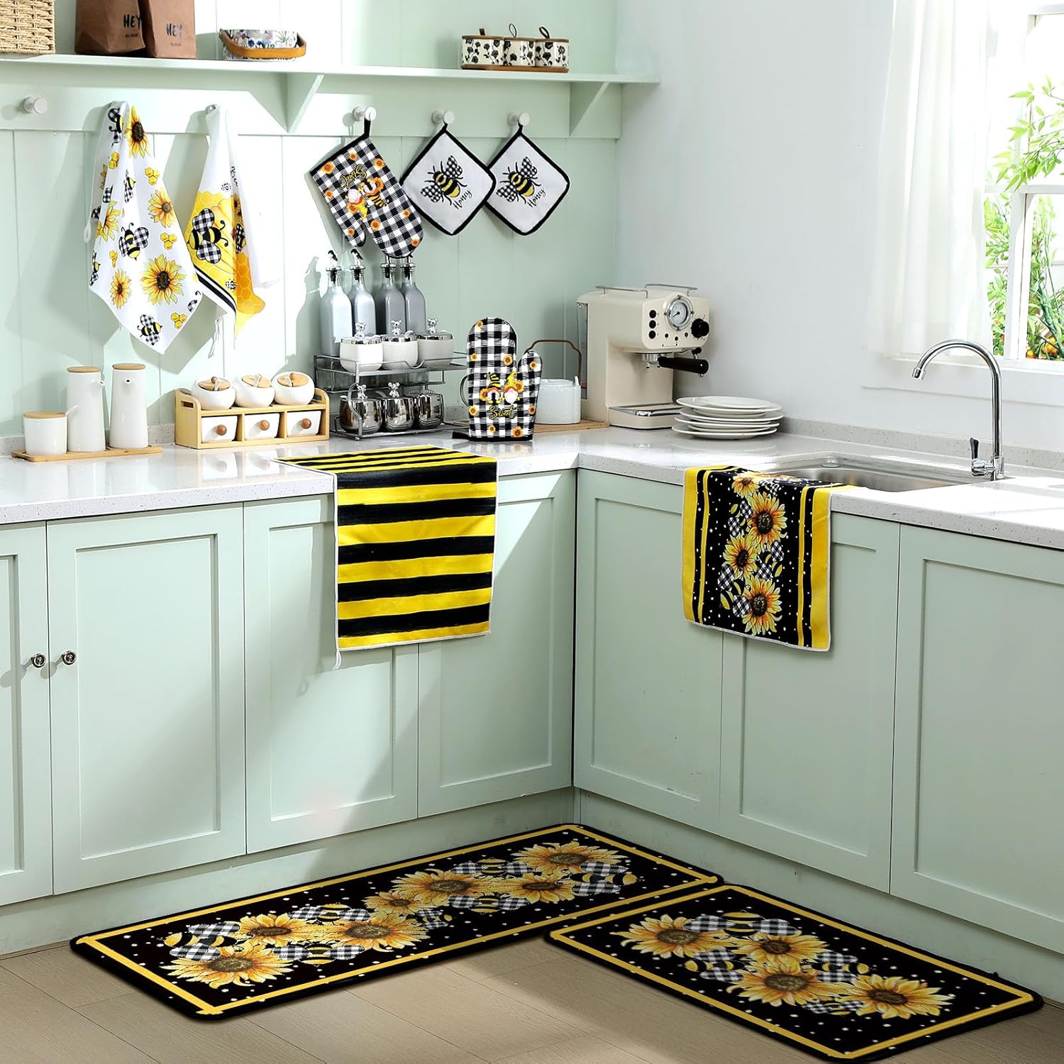 10 Pcs Bee Kitchen Decor Sunflower Oven Mitts and Pot Holders Set Yellow Bee Dish Towels Rugs Mats Buffalo Plaid Kitchen Accessories for Chef Baking Cooking Grilling BBQ Women Home Gift - Image 4