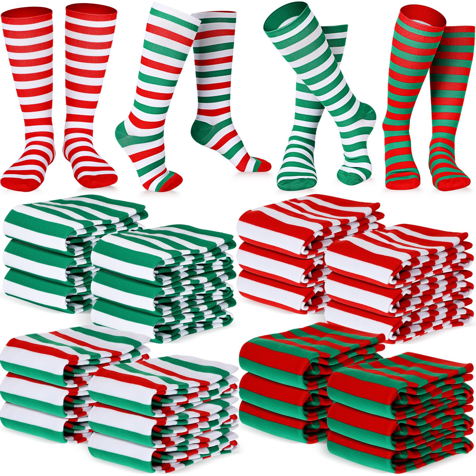 48 Pairs Christmas Knee High Socks Bulk, Xmas Striped Socks for Women Red, White, Green Striped Sock Gift for Girls Cosplay Party Costume