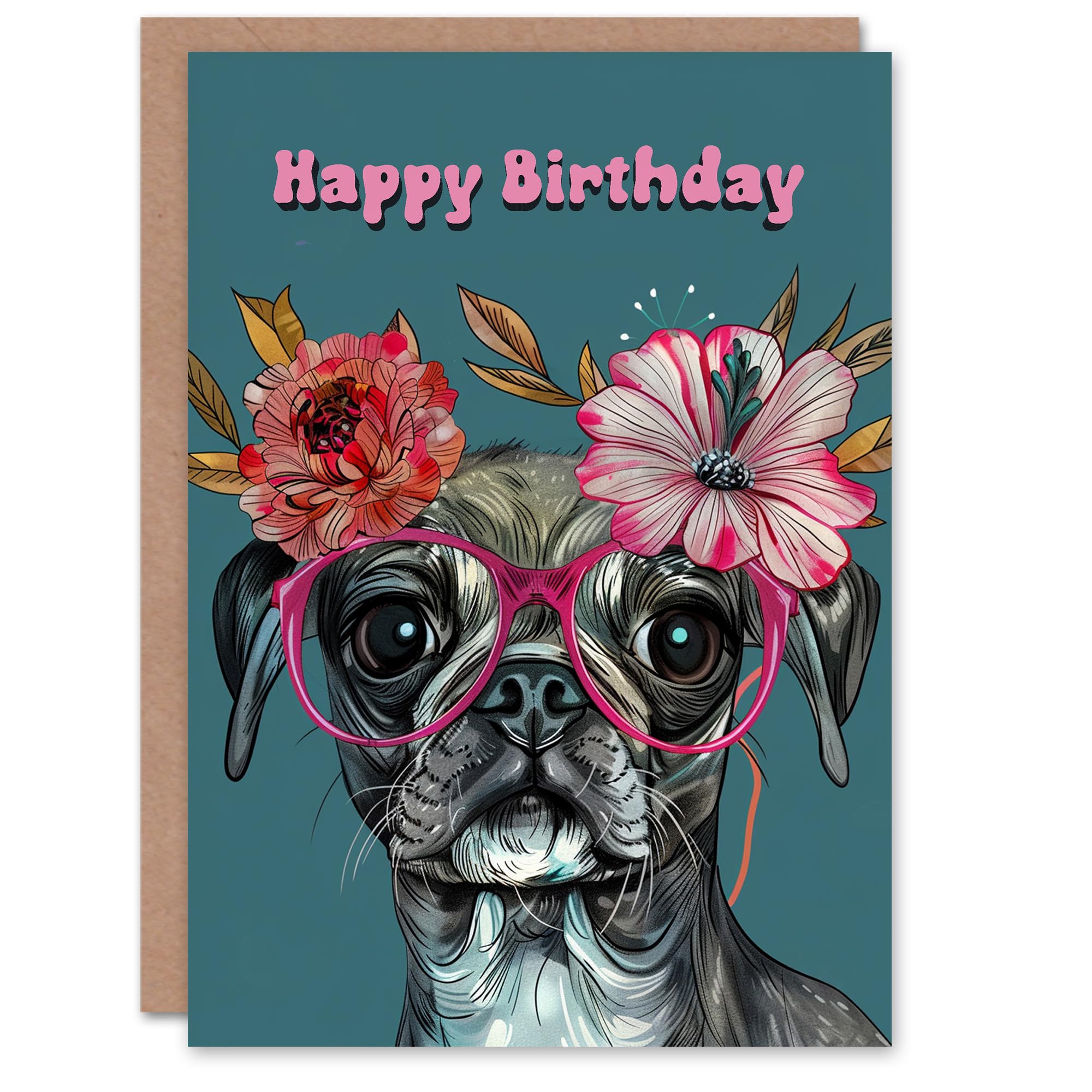 Artery8 Birthday Card Floral Chihuahua Pug Dog Lover Glasses For Her Gran Sister Niece Daughter Wife Woman Greeting Card