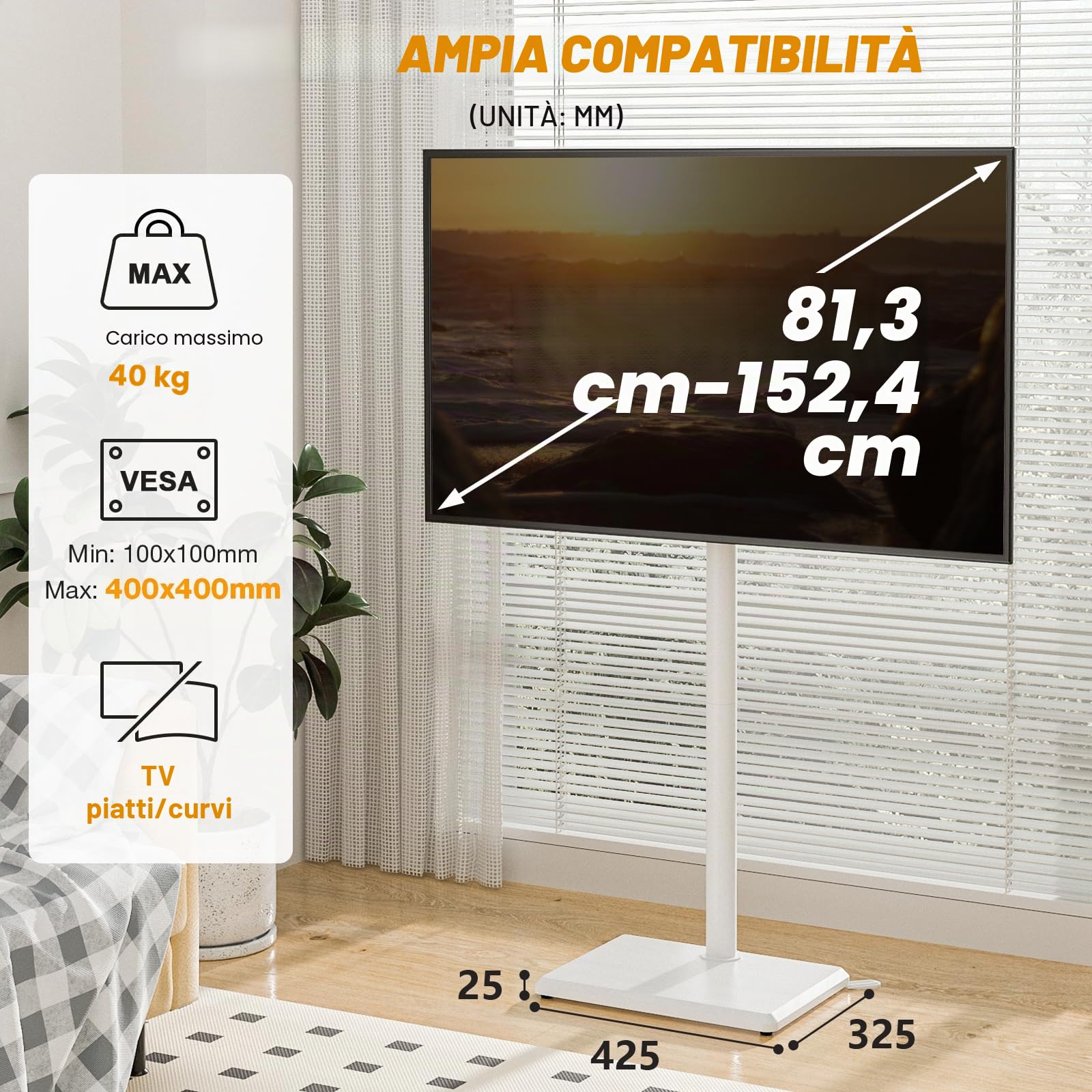 TVON Supporto TV da Pavimento per TV da 32 a 60 pollici Supporto TV Alto con Piedini di Supporto, Supporto TVs ad Angolo Sottile Regolabile in Altezza, Girevole, Max VESA 400x400mm fino a 40kg