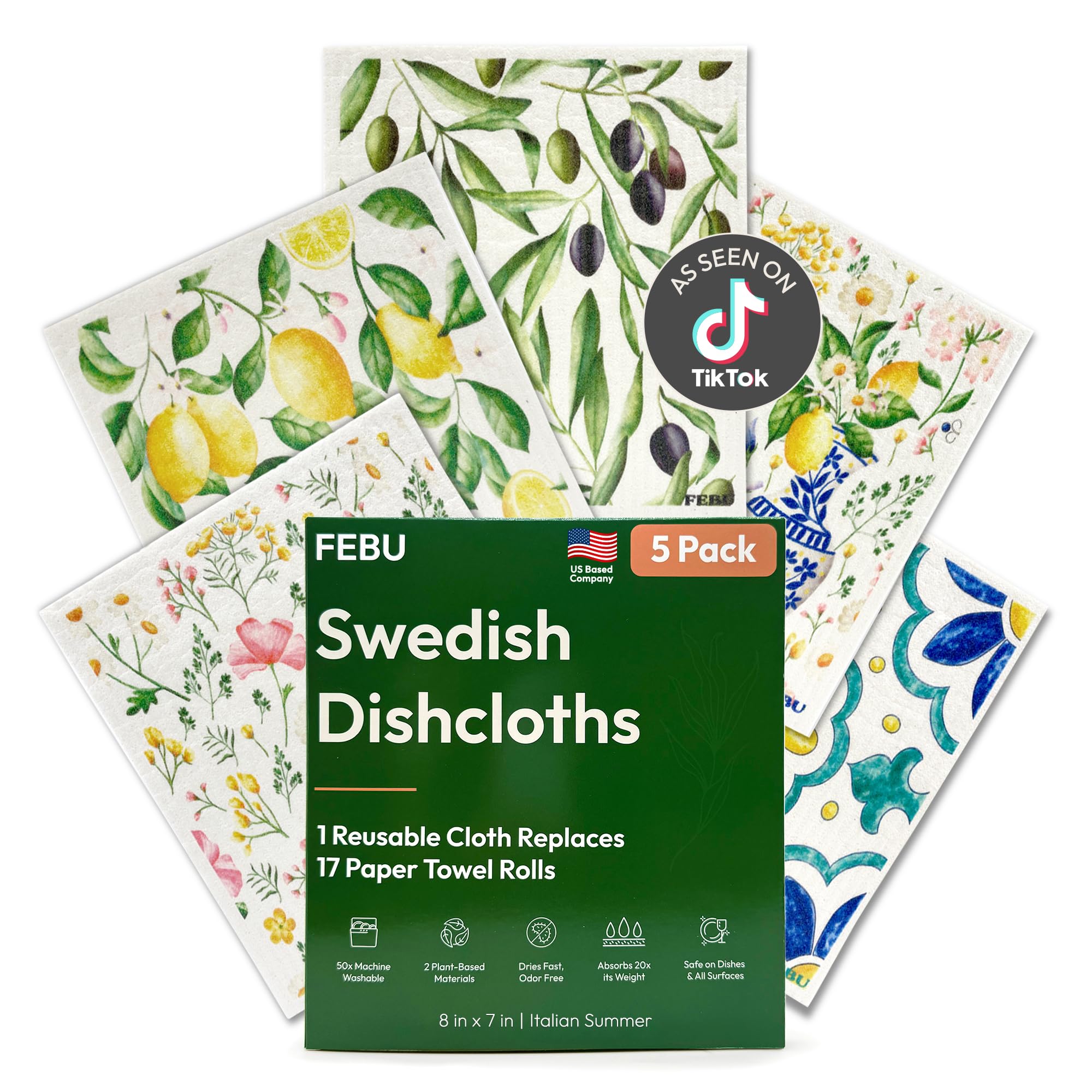 FEBU Swedish Dishcloths for Kitchen | 5 Pack Italian Summer Reusable Paper Towels Washable | Swedish Dish Towels | Non-Scratch Cellulose Sponge Cloths | No Odor, Biodegradable Cleaning Cloths