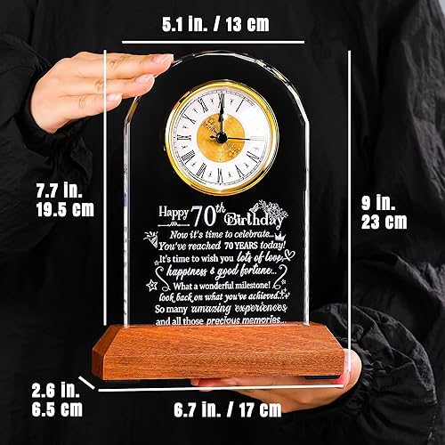 Miniatura 4 de Ornalrist Reloj de cristal de feliz cumpleaños 70 para mujeres y hombres, regalo de cumpleaños de 70 años para mamá, papá, reloj de cuarzo giratorio