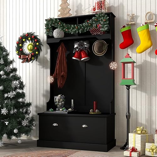 CITYLIGHT Árbol de pasillo con 4 ganchos colgador de abrigo banco de entrada banco de almacenamiento diseño 3 en 1 para sala de estar pasillo negro