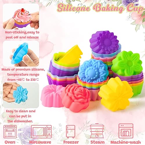 Miniatura 3 de R HORSE Paquete de 42 moldes de silicona para cupcakes con forma de múltiples flores, moldes antiadherentes para hornear muffins, moldes lavables