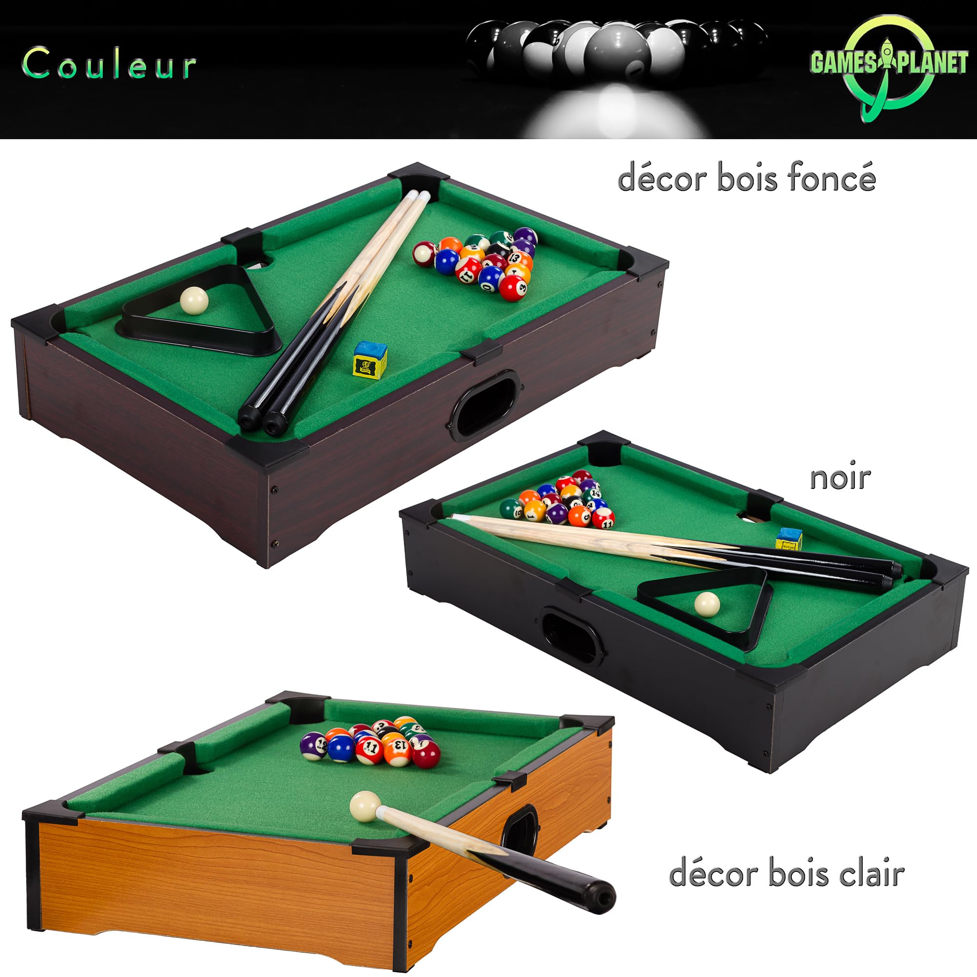 GAMES PLANET Mini Billard Nano avec Accessoires (2 queues, Boules, Triangle, Craie), 3 décors, Dimensions : 51 x 31 x 10 cm
