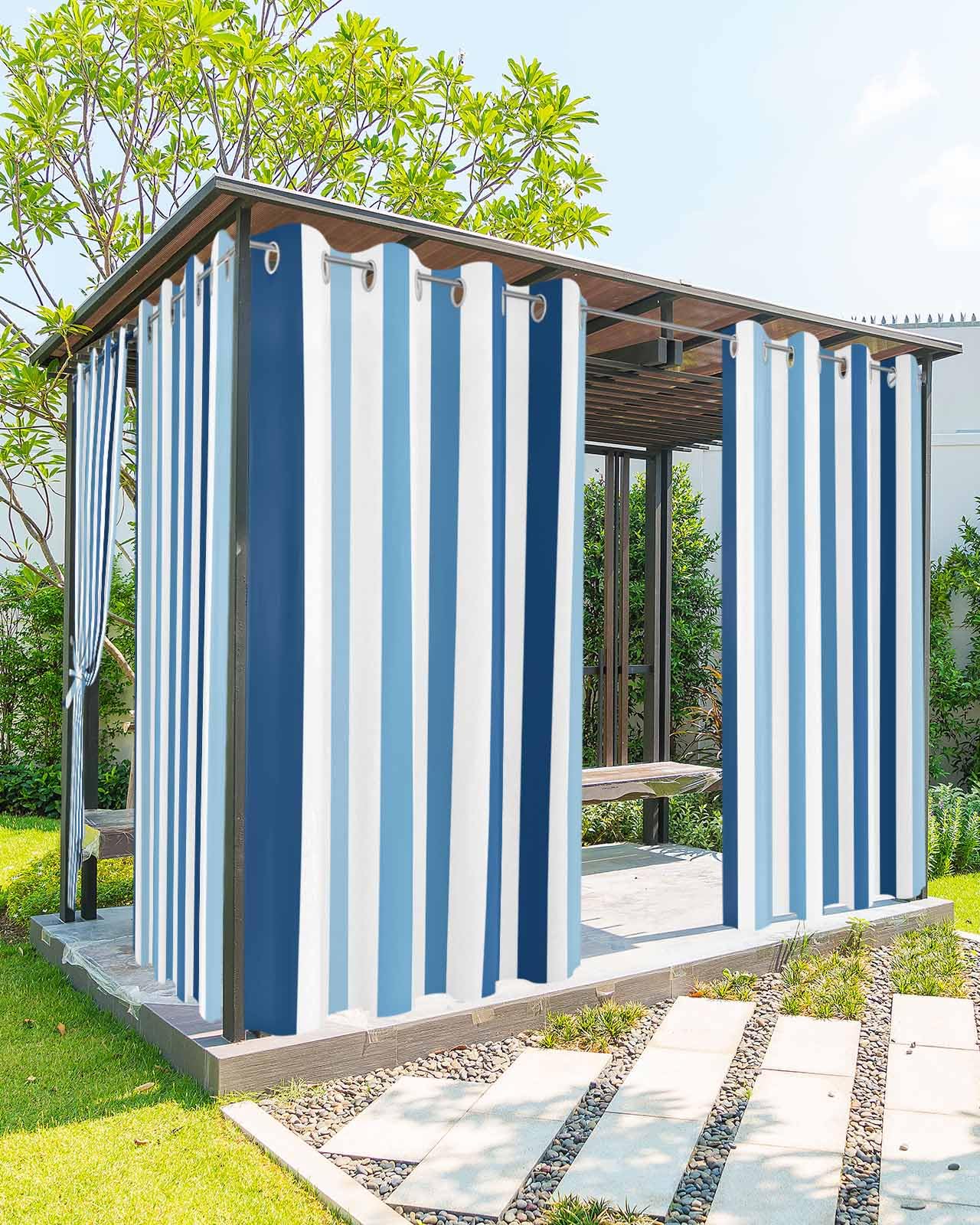 Blue Stripe Outdoor Curtains for Patio Waterproof,Ombre Geometric Farmhouse Vertical Striped Grommet Privacy Curtain Drapes Weatherproof Outside Curtains for Porch GazeboPergola Cabana 1 Panel 54x108
