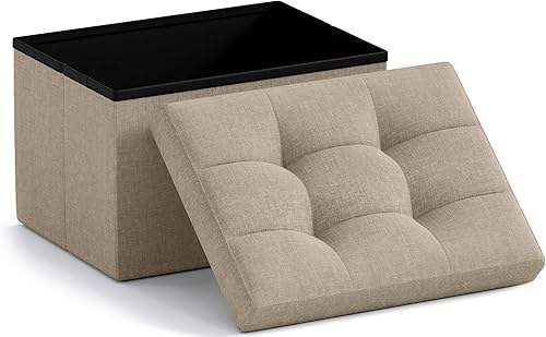 Miniatura 11 de Ornavo Home Otomana de almacenamiento pequeña, juego de 2, plegable, rectangular, de lino, otomano, reposapiés, para sala de estar, dormitorio, Azul