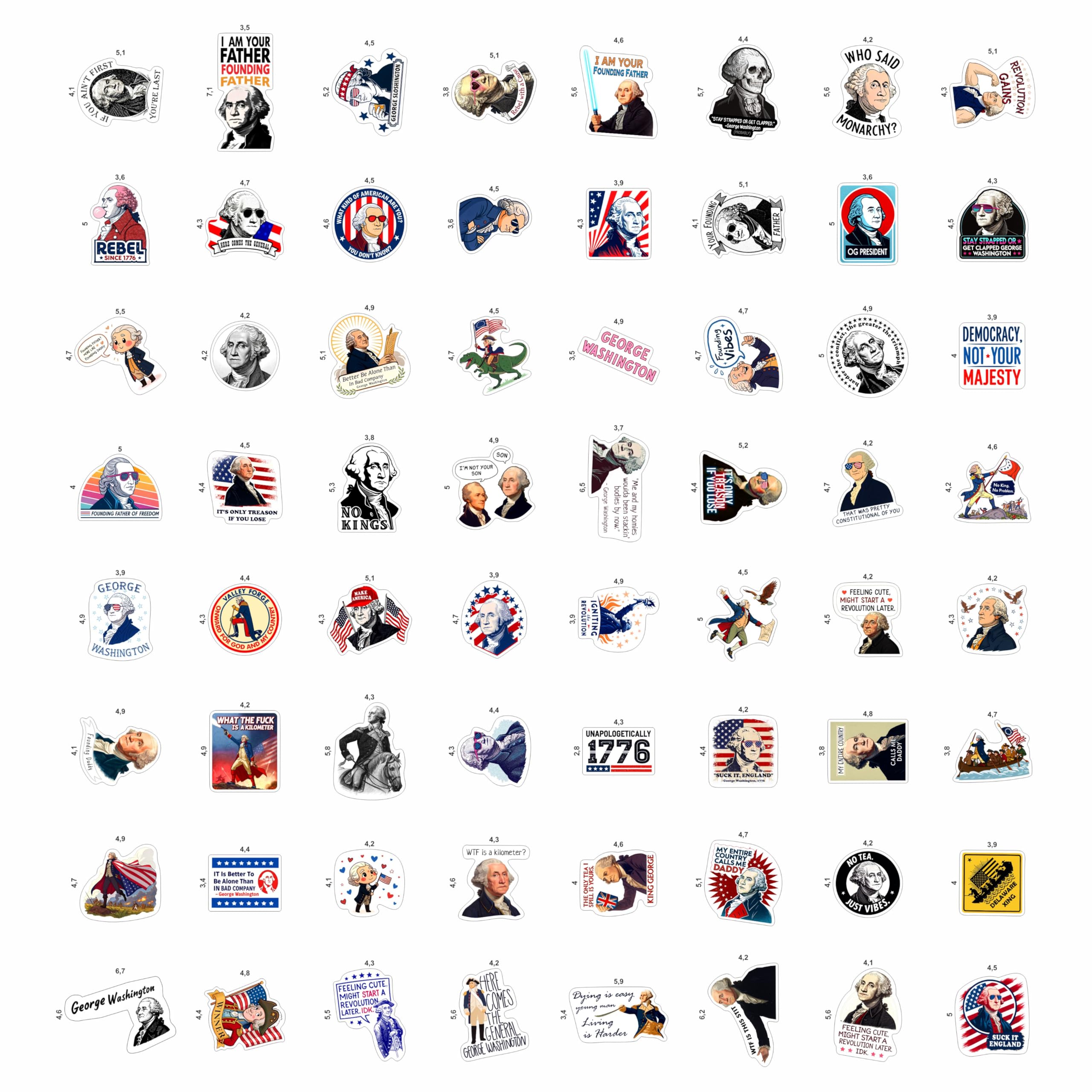 Zestaw 100 naklejek George Washington, zabawny prezydent, portret George'a Washingtona, naklejki prezydenta Ameryki, prezent dla kobiet i mężczyzn
