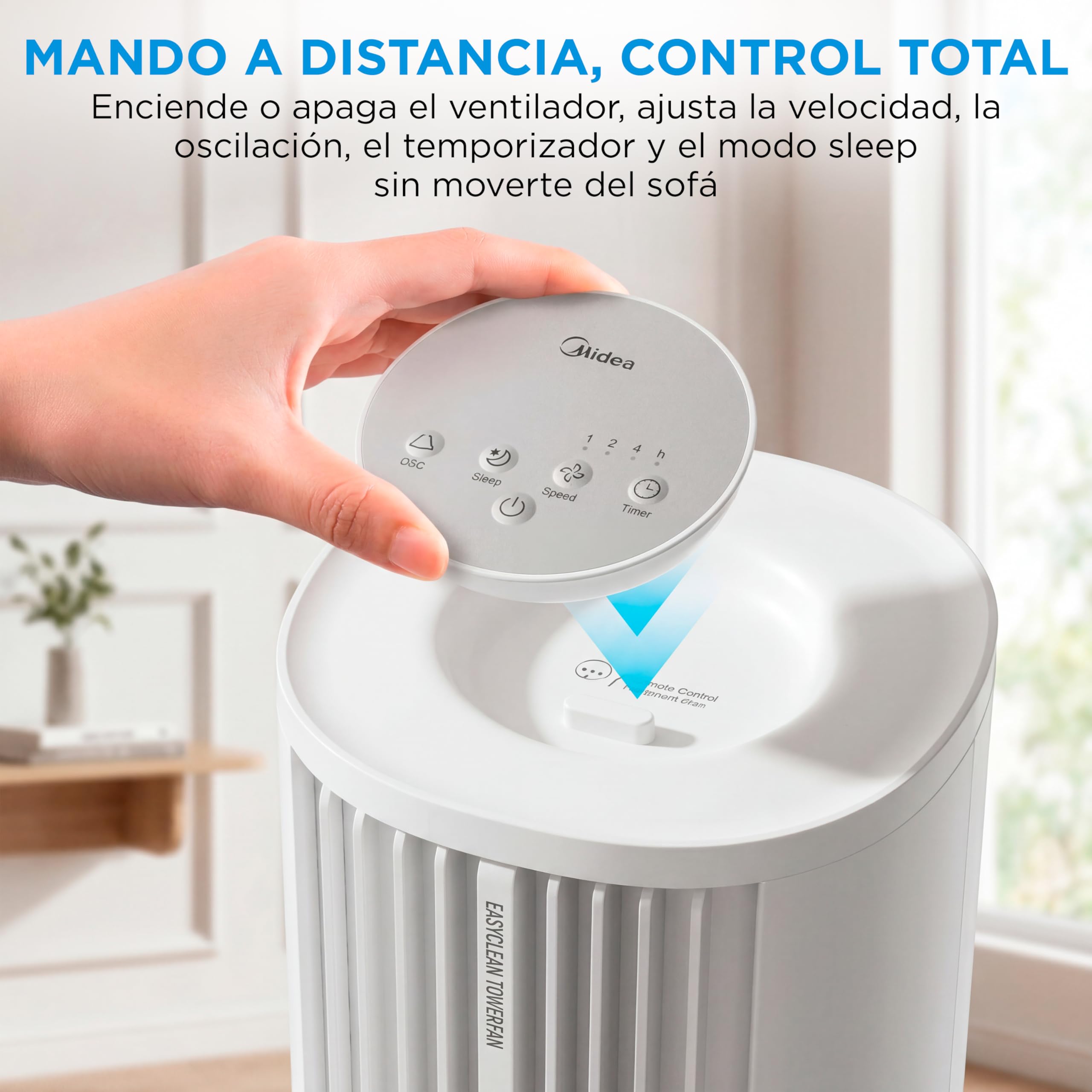 Midea Ventilador Torre con Mando a Distancia de 4 Velocidades - Ventilador de Torre Silencioso con Oscilación 90º, Temporizador 7h, Distancia 9m/s, 2 Modos, con Caja de Aromaterapia y Modo Sleep