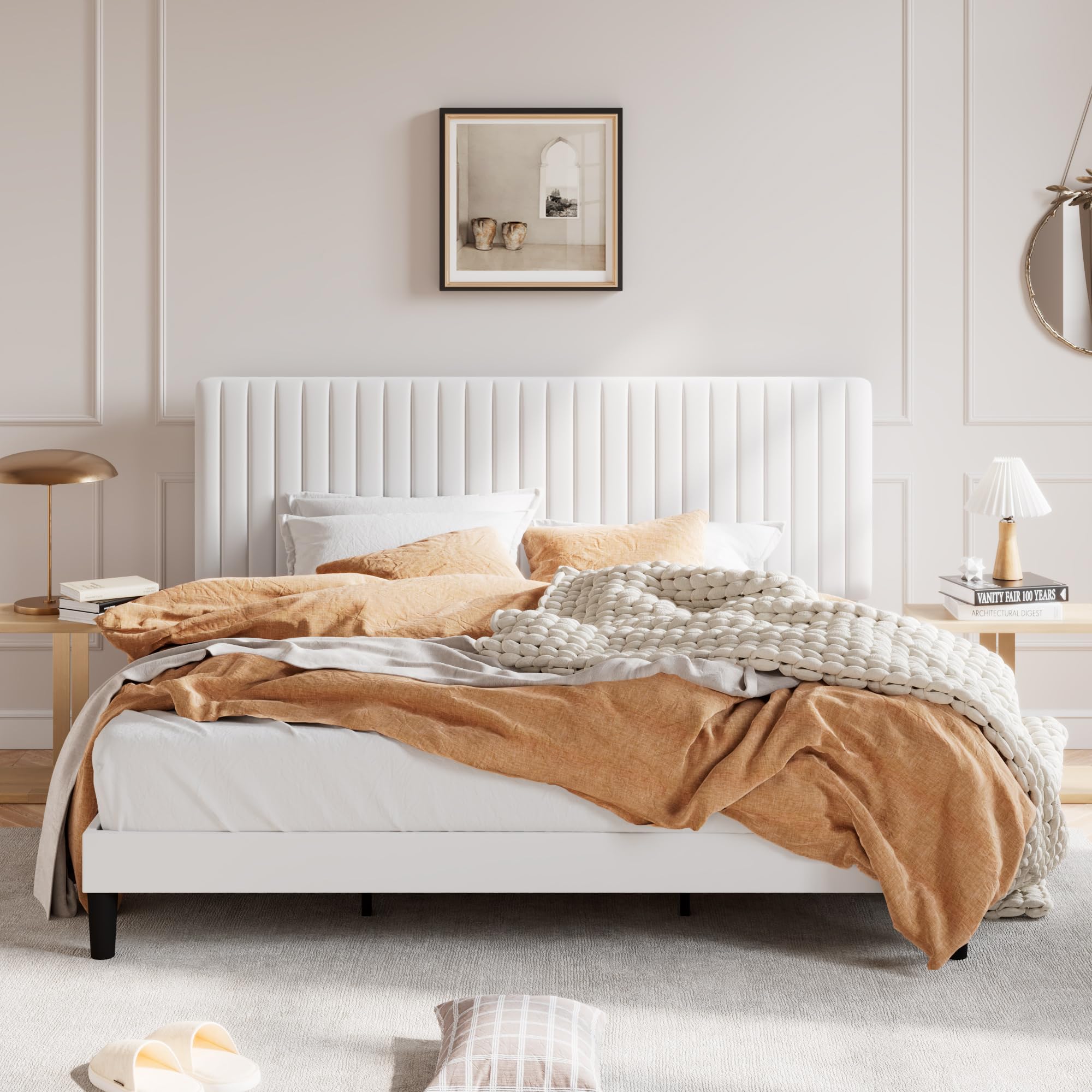 SHA CERLIN King Upholstered Platform Bed Frame with Vertical Channel Tufted Velvet Fabric Adjustable Headboard, Wooden Slats Support, Mattress Foundation, Box Spring Optional, Off-White