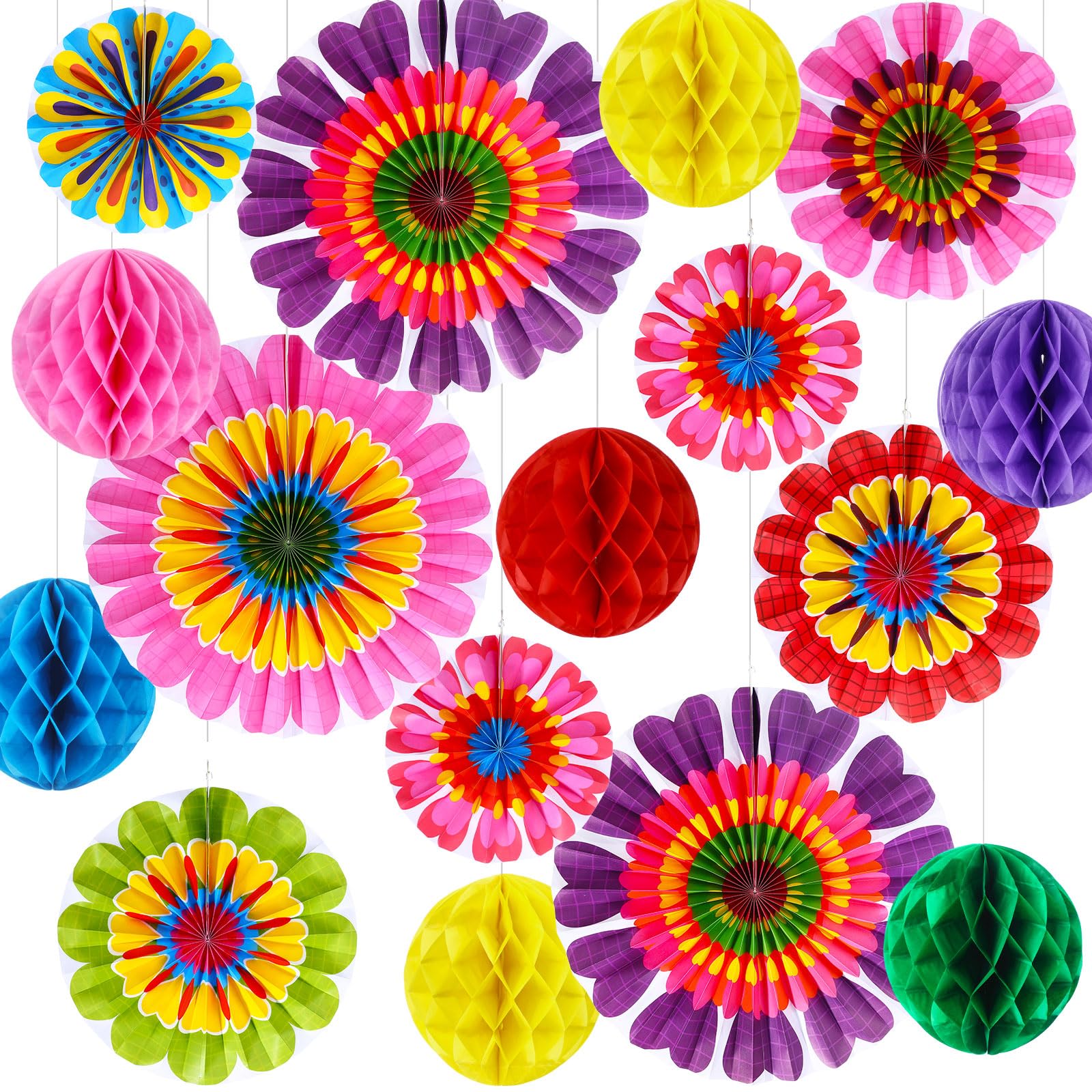 Outus 21 Pcs Spring Flower Hanging Paper Fans Flower Paper Fans Classroom Decorations Springtime Summer Tissue Pom Poms for Ceiling Wedding Birthday