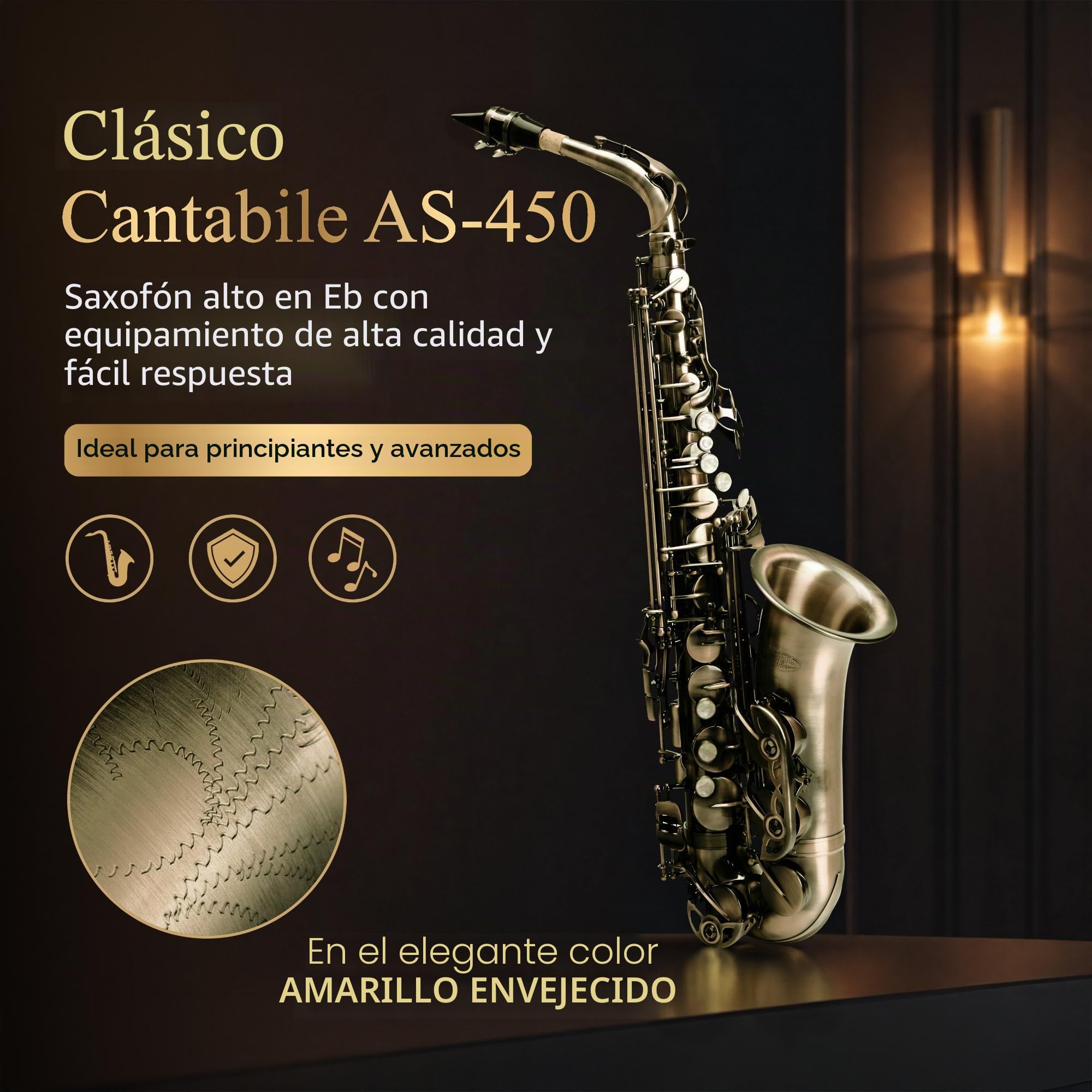Classic Cantabile Winds AS-450 Antique Yellow Saxofón Alto, Peso: 2 | Saxofón alto de latón, Acabado vintage Antique Yellow, Llave de fa agudo, Sonido lleno y cálido, Respuesta rápida, 4 kg