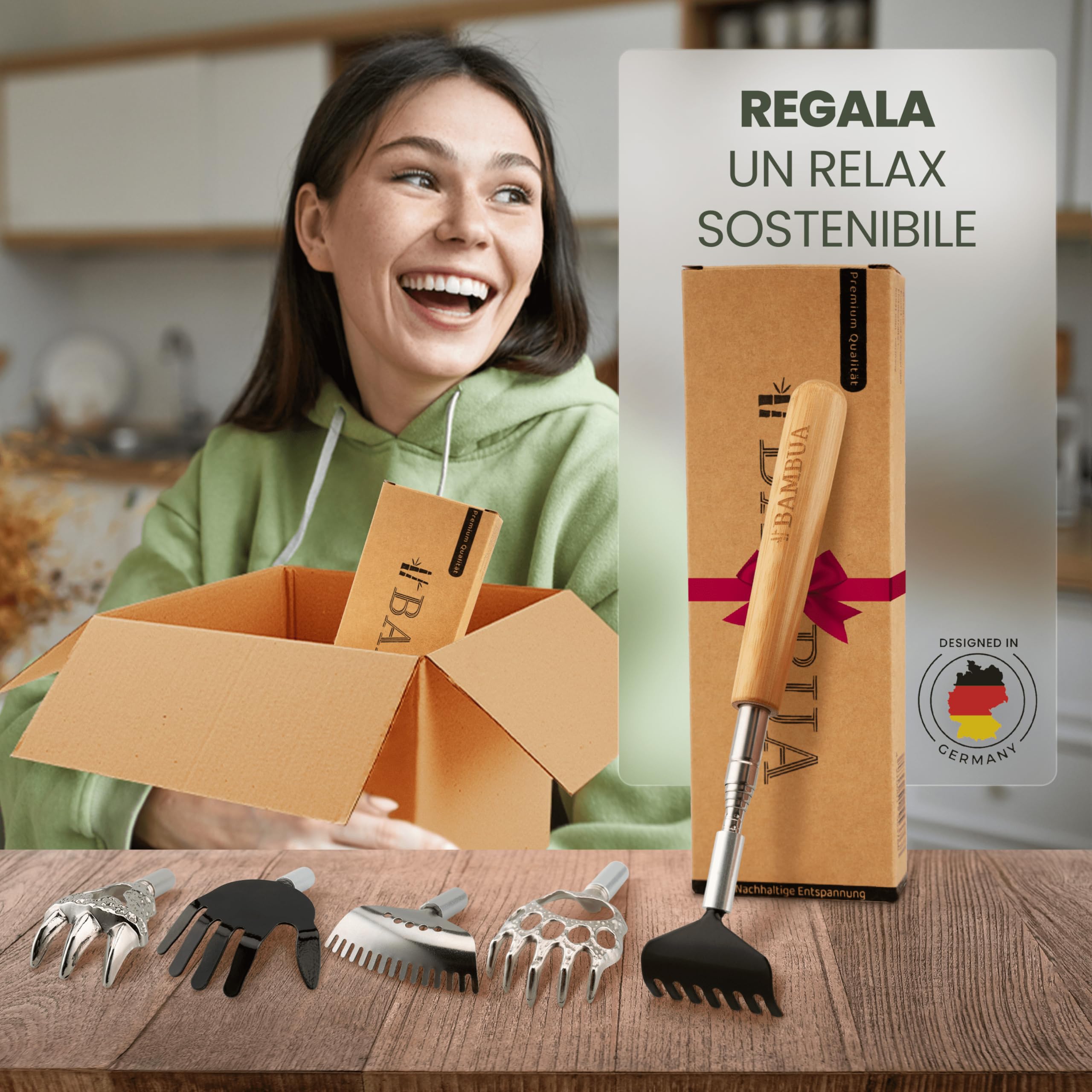 BAMBUA Manina Grattaschiena Allungabile - (Include 5 Accessori) Manico in Bambù - Per Sensazioni di Grattamento Soddisfacenti - Gratta Schiena Mano Allungabile - Grattino Schiena - Idea Regalo