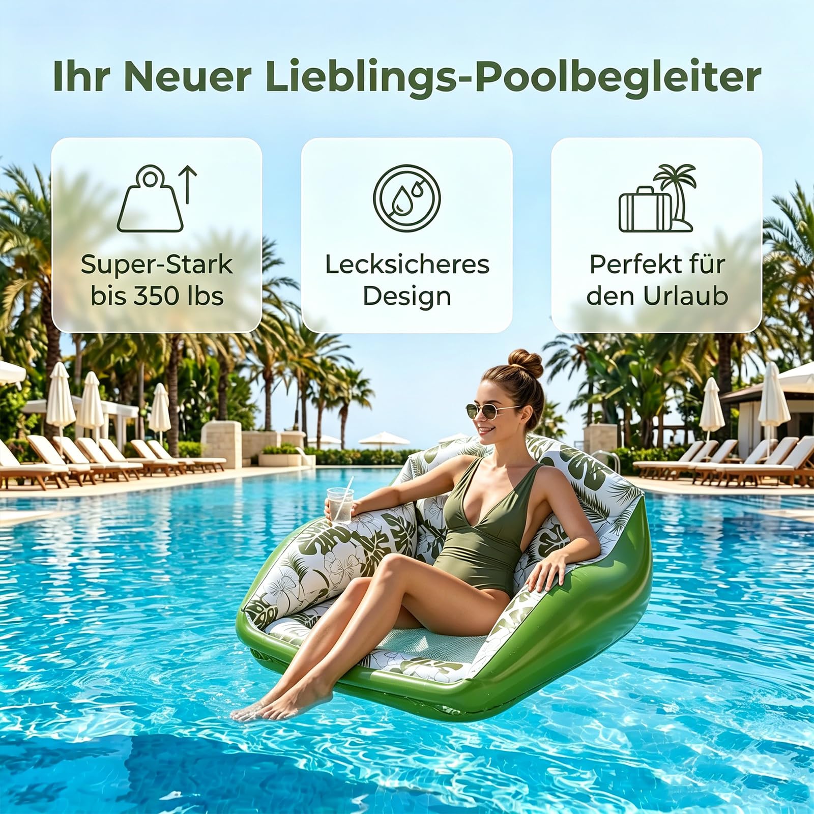 U-Shaped Water Inflatable Pool Float, U‑Form Aufblasbare Pool‑Liege mit Rückenlehne & Kühl-Sitz,Inflatable Pool Lounge Chair, Faltbar, für Strand, See & Schwimmbad