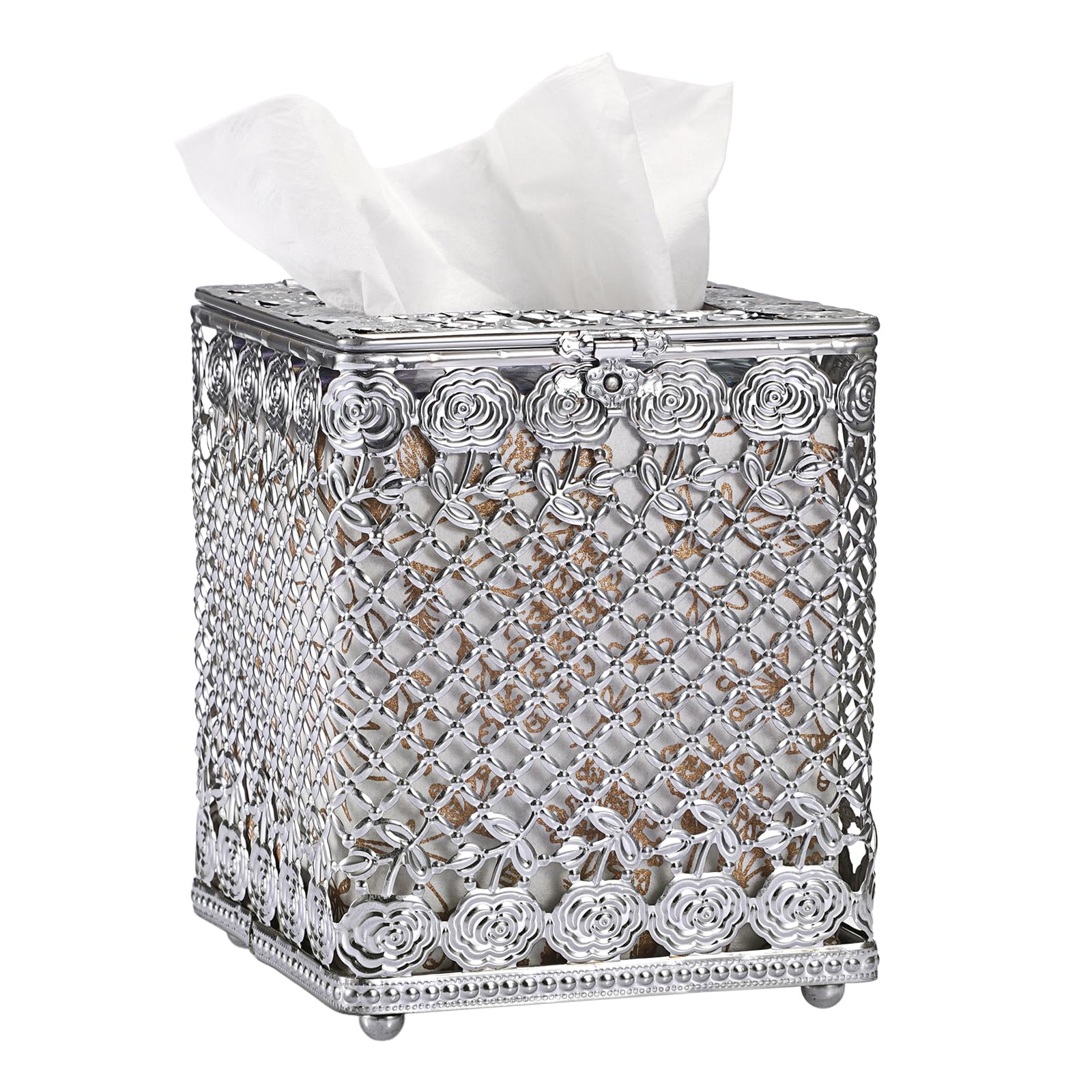 Sumnacon Tissue Box Cover Square, Metal Tissue Holder with Lid, Stylish Cube Tissue Covers, Decorative Rose Tissue Box Organizer for Bathroom Kitchen Table Desk Toilet Home Office, Silver