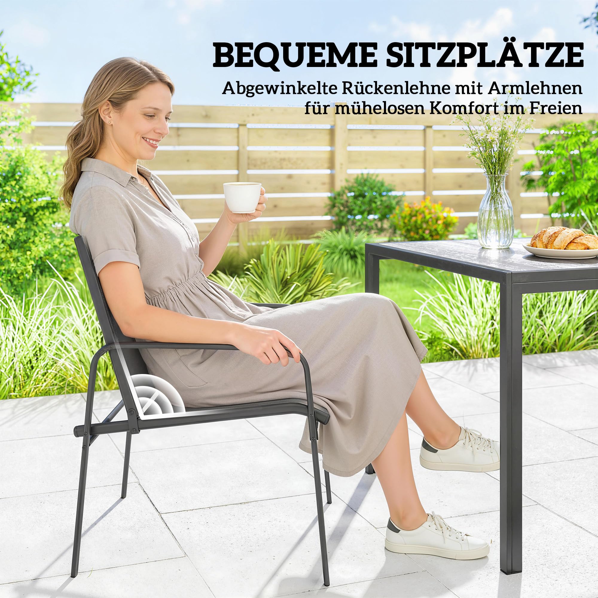Outsunny Gartenmöbel Set mit 6 Atmungsaktiven Stühlen 150x80cm Schwarz | Sitzgruppe, Tisch, Holzoptik Stahlrahmen, Wetterfest, Essgruppe, Gartenset, Gartengarnitur, für Garten Balkon Terrasse