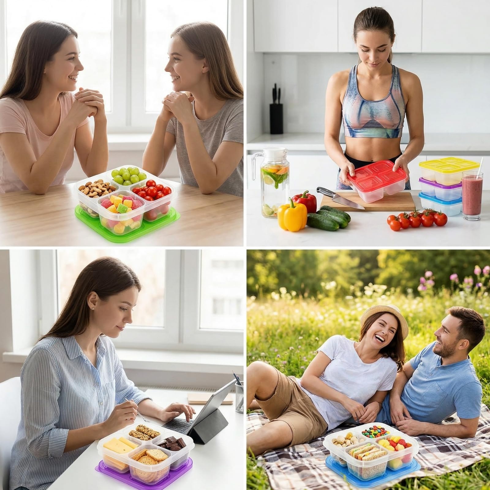 AVLA Paquete de 10 cajas Bento para aperitivos, recipientes reutilizables para preparación de comidas, 4 compartimentos para llevar, contenedores apilables divididos de almacenamiento de alimentos