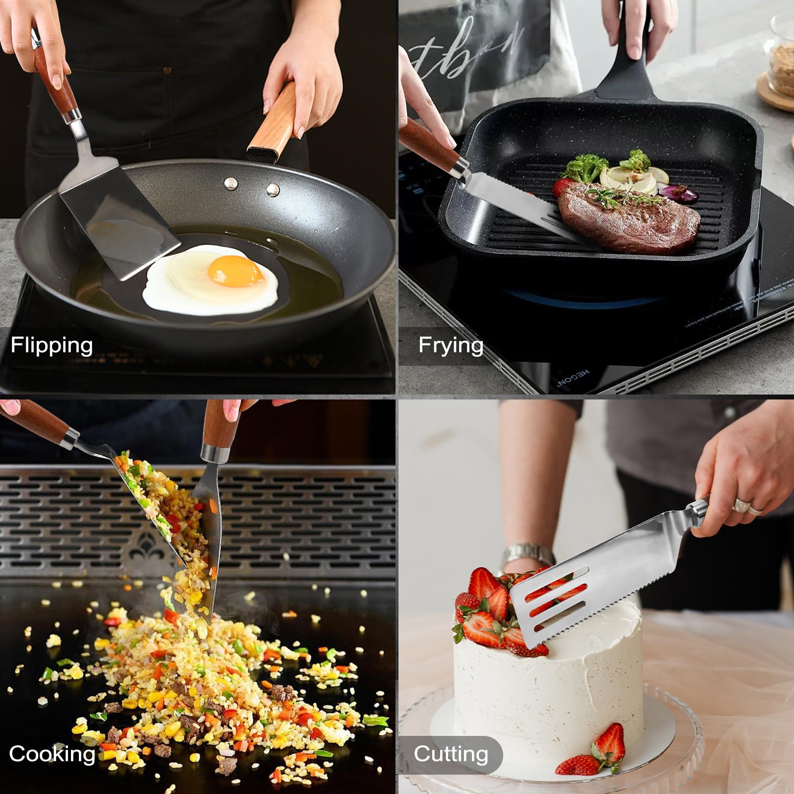 Juego de 3 espátulas de acero inoxidable, espátulas de metal para sartén de hierro fundido, espátulas sólidas y ranuradas resistentes, raspador de plancha con mango de madera y borde biselado 7