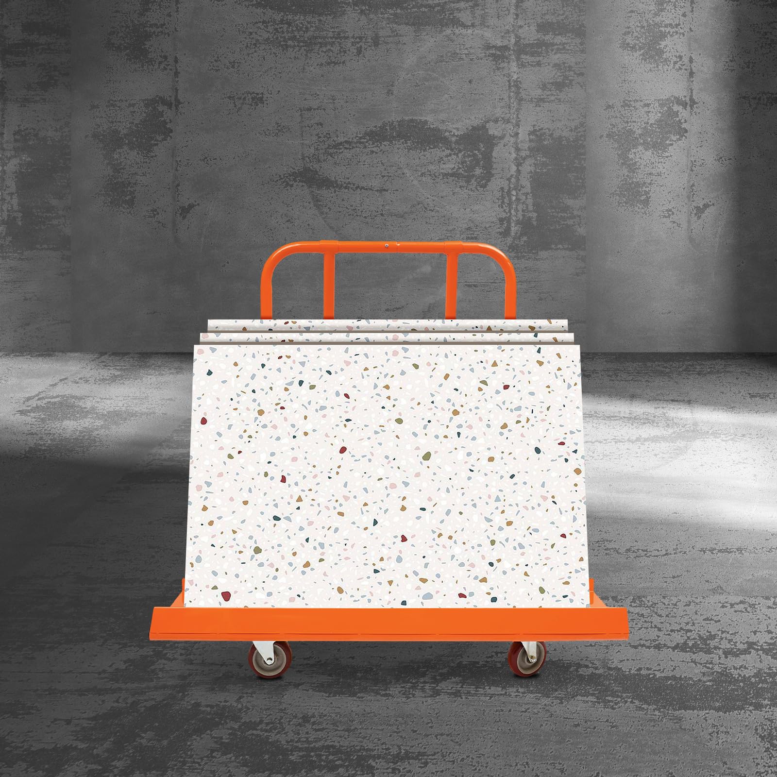 Plattenkarren bis 800Kg mit 4 Rädern (Orange) | Plattenwagen Schwerlast aus Metall mit Praktische Seitenblenden, für Holzbrettern Türen Fenstern Matratzen