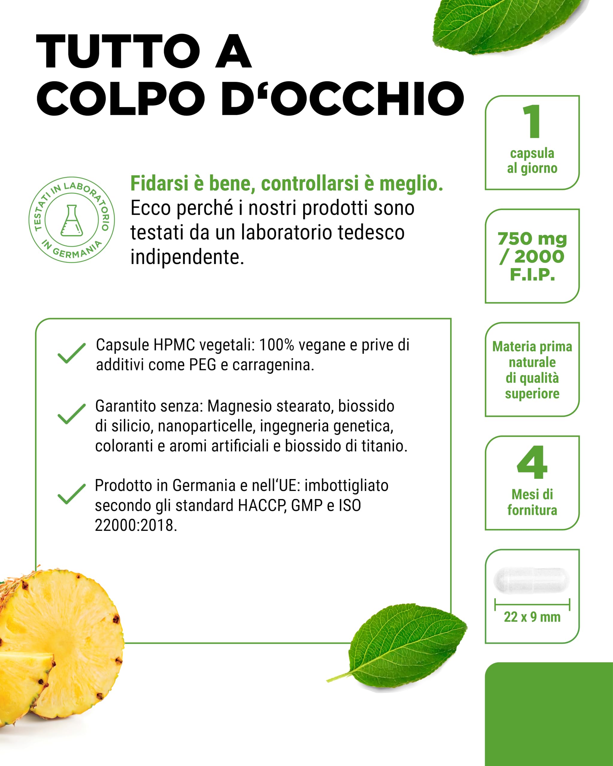 Bromelina Intenso - 750 mg (2000 F.I.P) - 120 capsule rivestite con enterici - Estratto naturale di ananas - Vegano - Altamente dosato