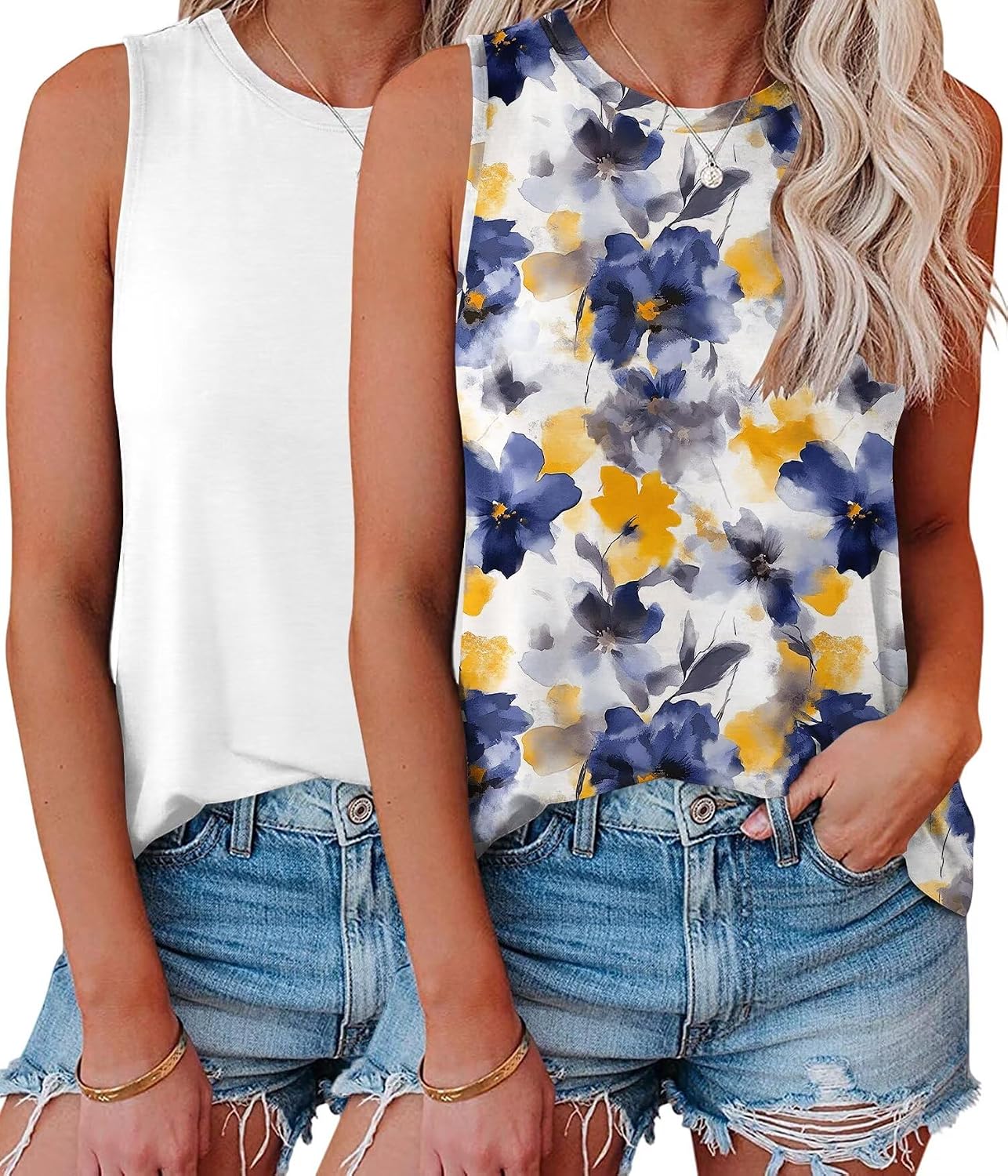 KKJ 2 Pack Womens Tank Tops Summer Crew Neck Sleeveless Loose Fit Shirts